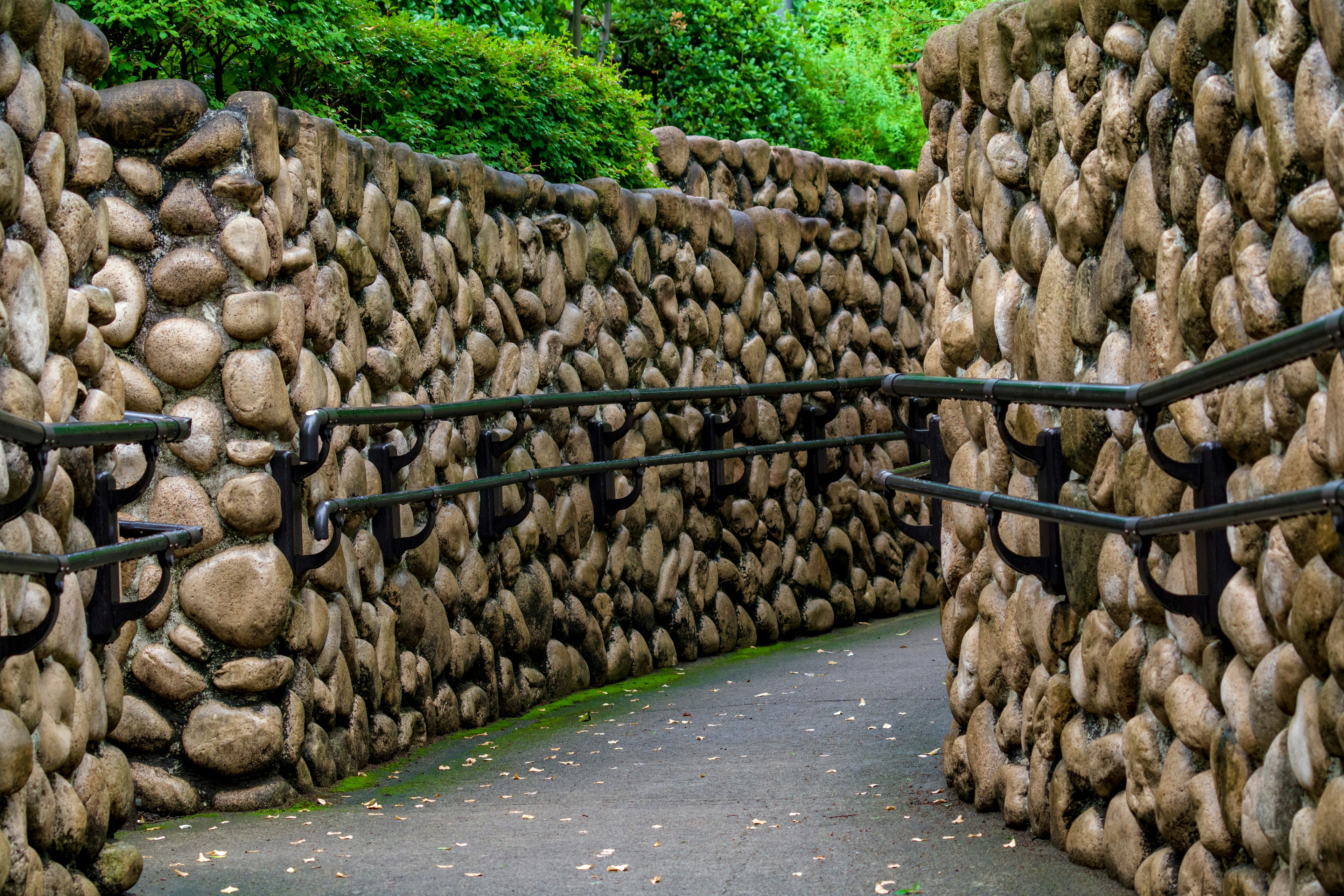 石で作られた壁に囲まれた歩道の風景