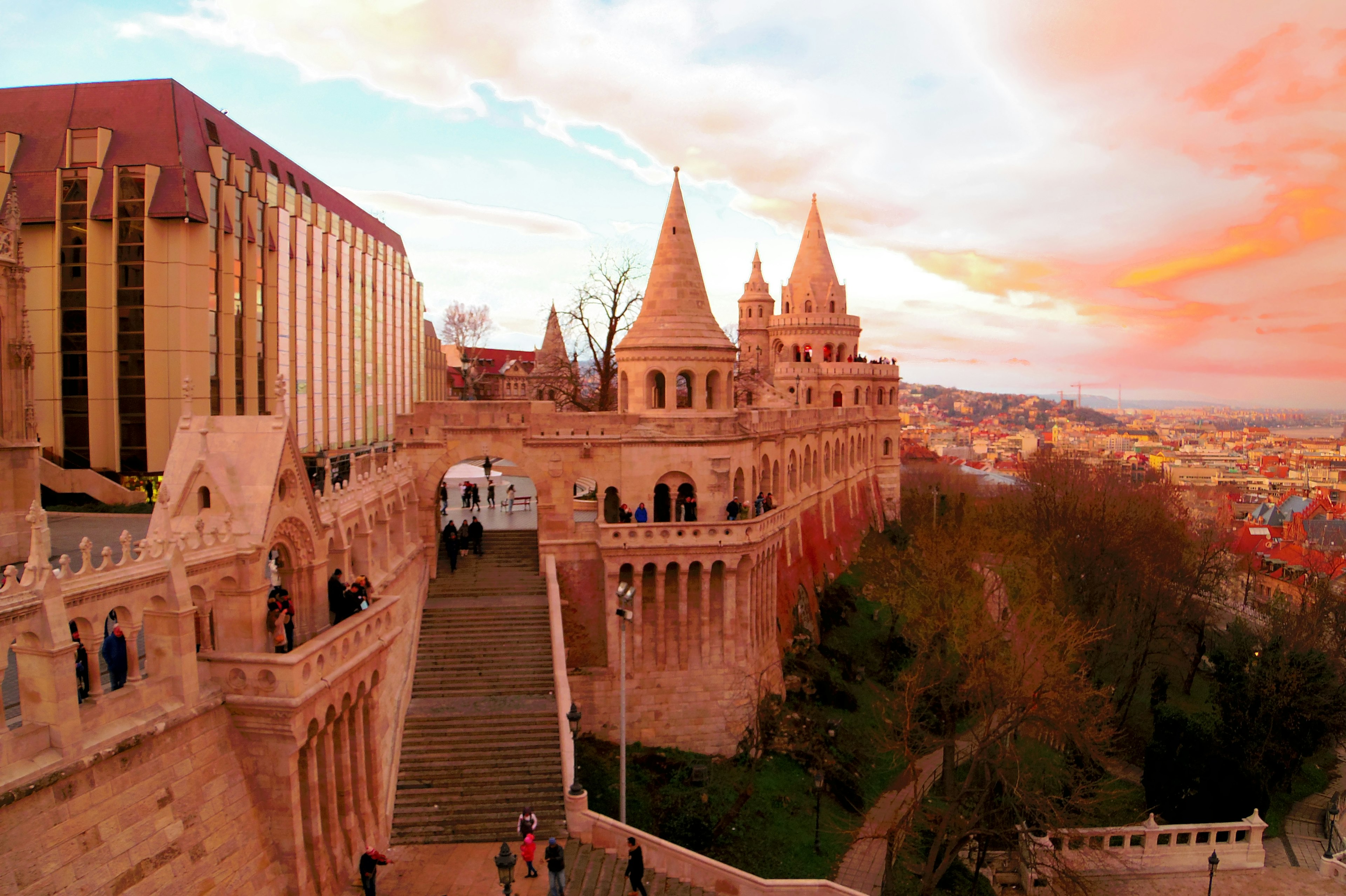 Scenic view of Budapest's Fisherman's Bastion under a beautiful sunset