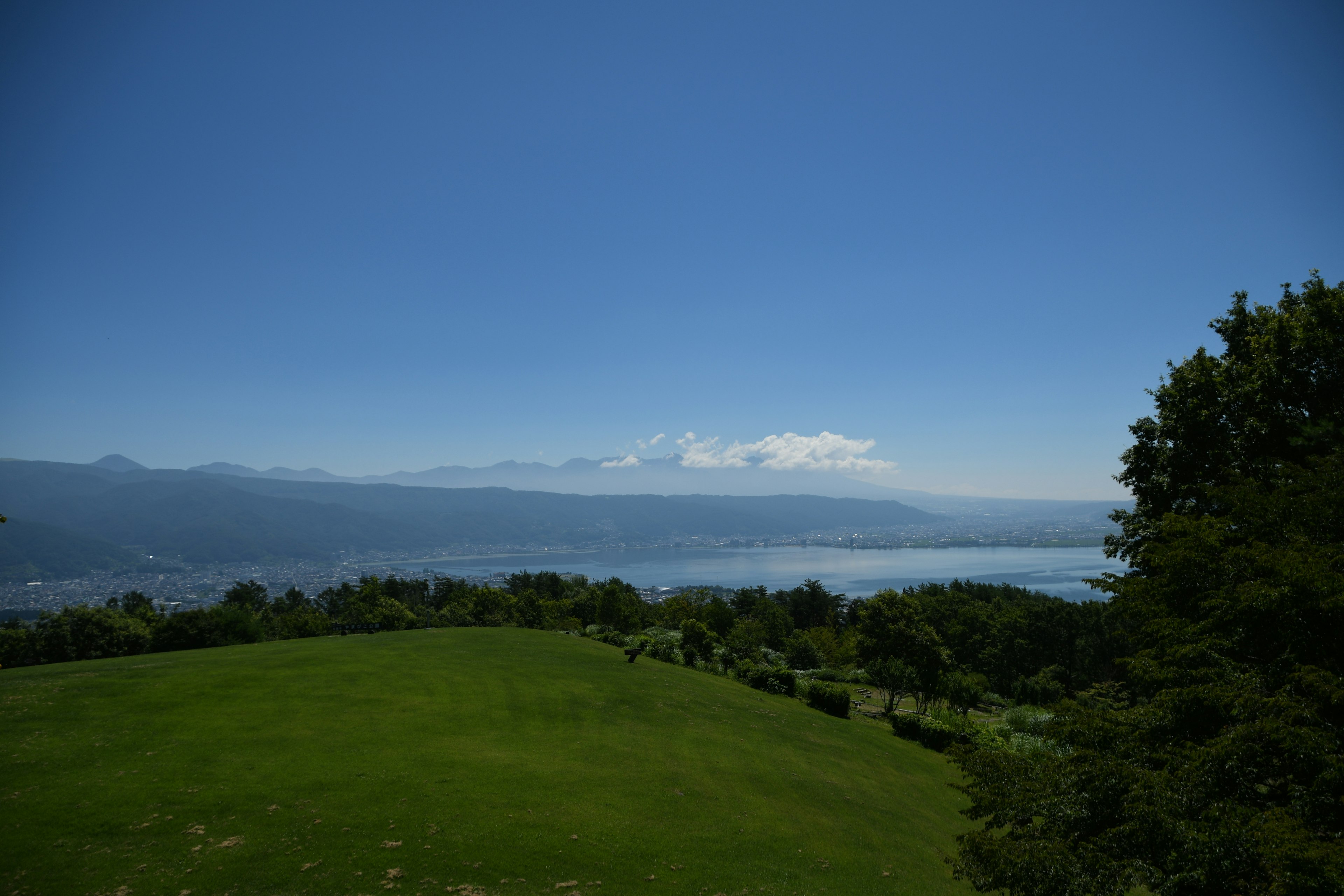 青空と湖を背景に広がる緑の風景