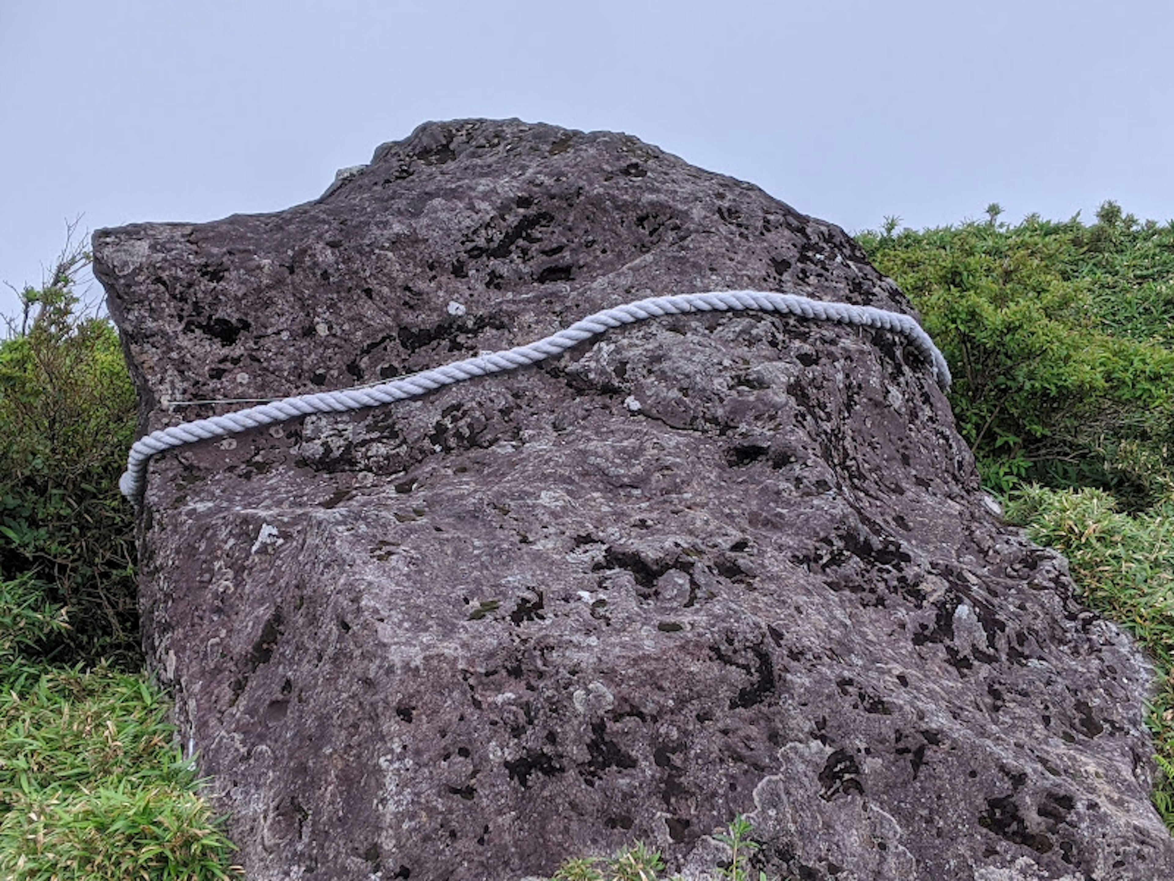 A large rock wrapped with a white rope surrounded by green grass