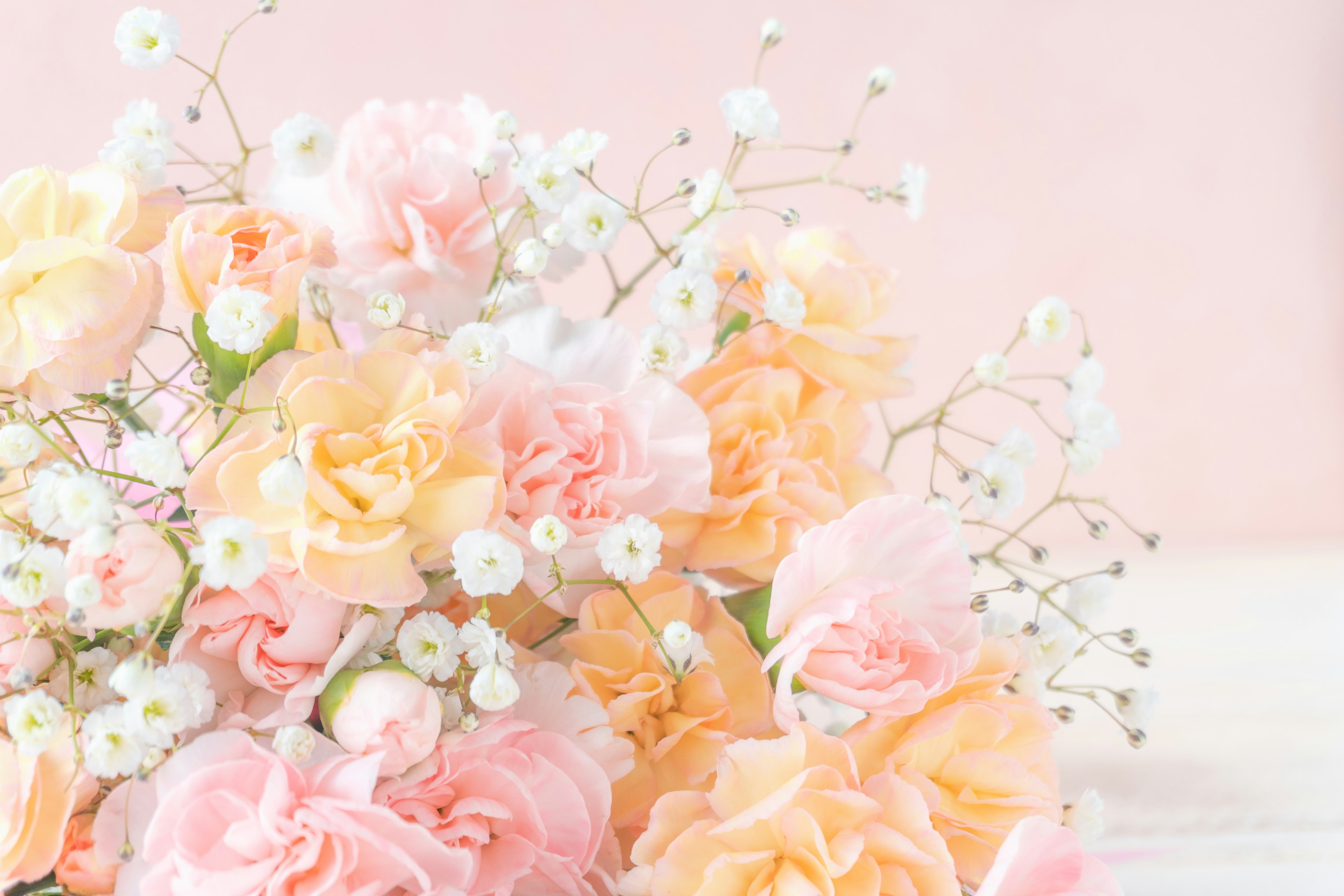 Un ramo de rosas rosas y naranjas suaves con delicadas flores blancas