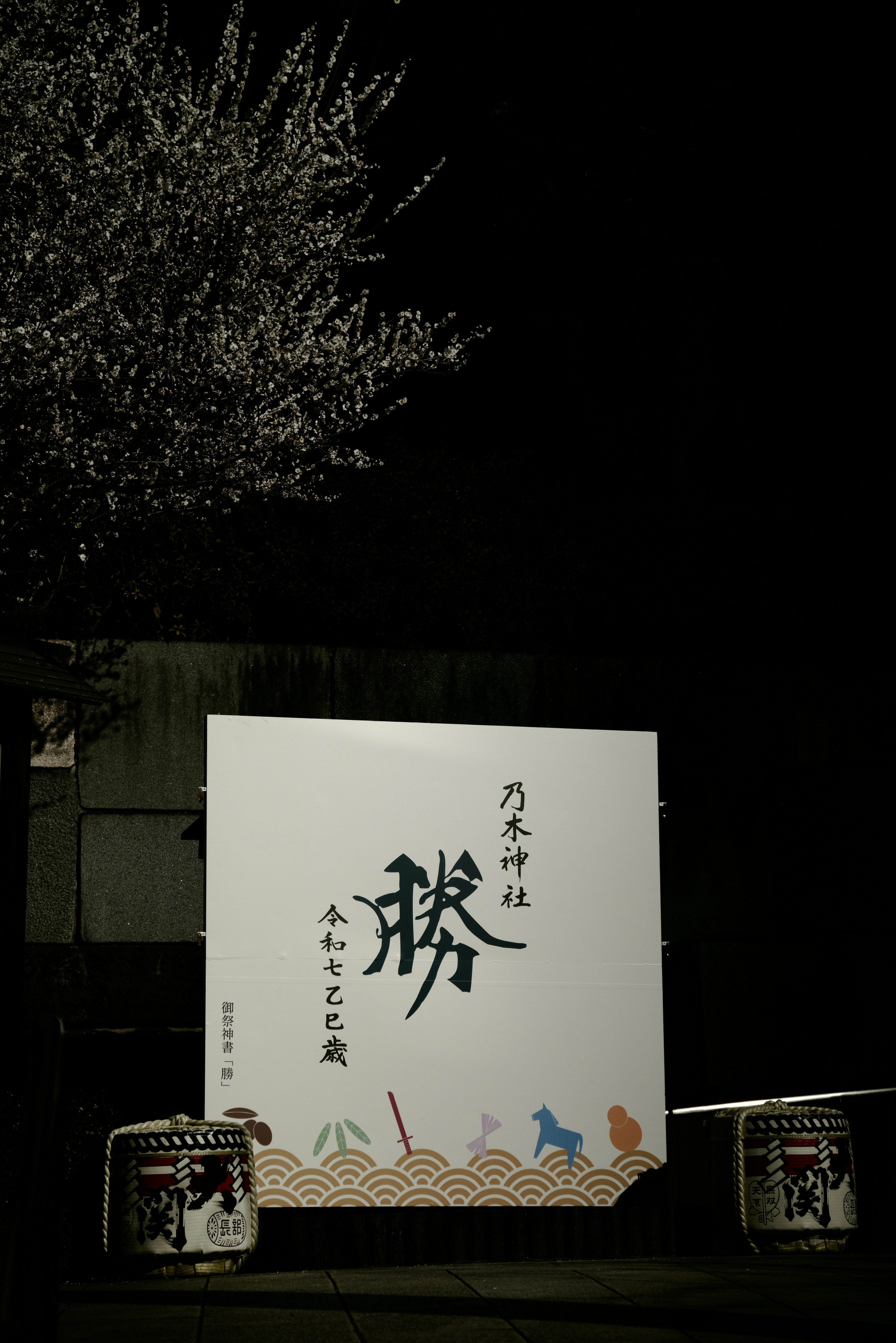 White sign under cherry blossom at night featuring large kanji and colorful fish illustrations