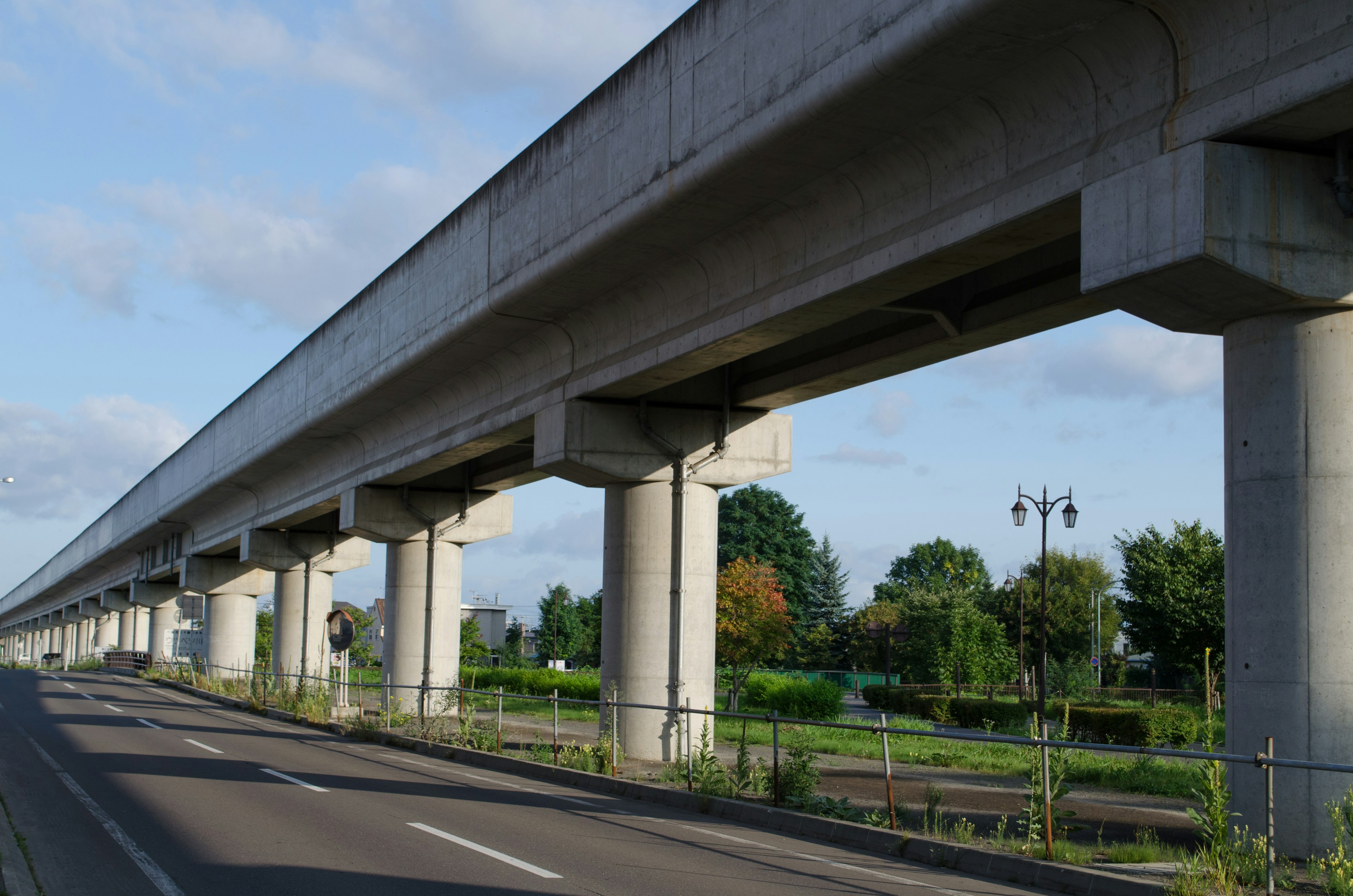 Structure routière élevée en béton avec des piliers de soutien et de la verdure