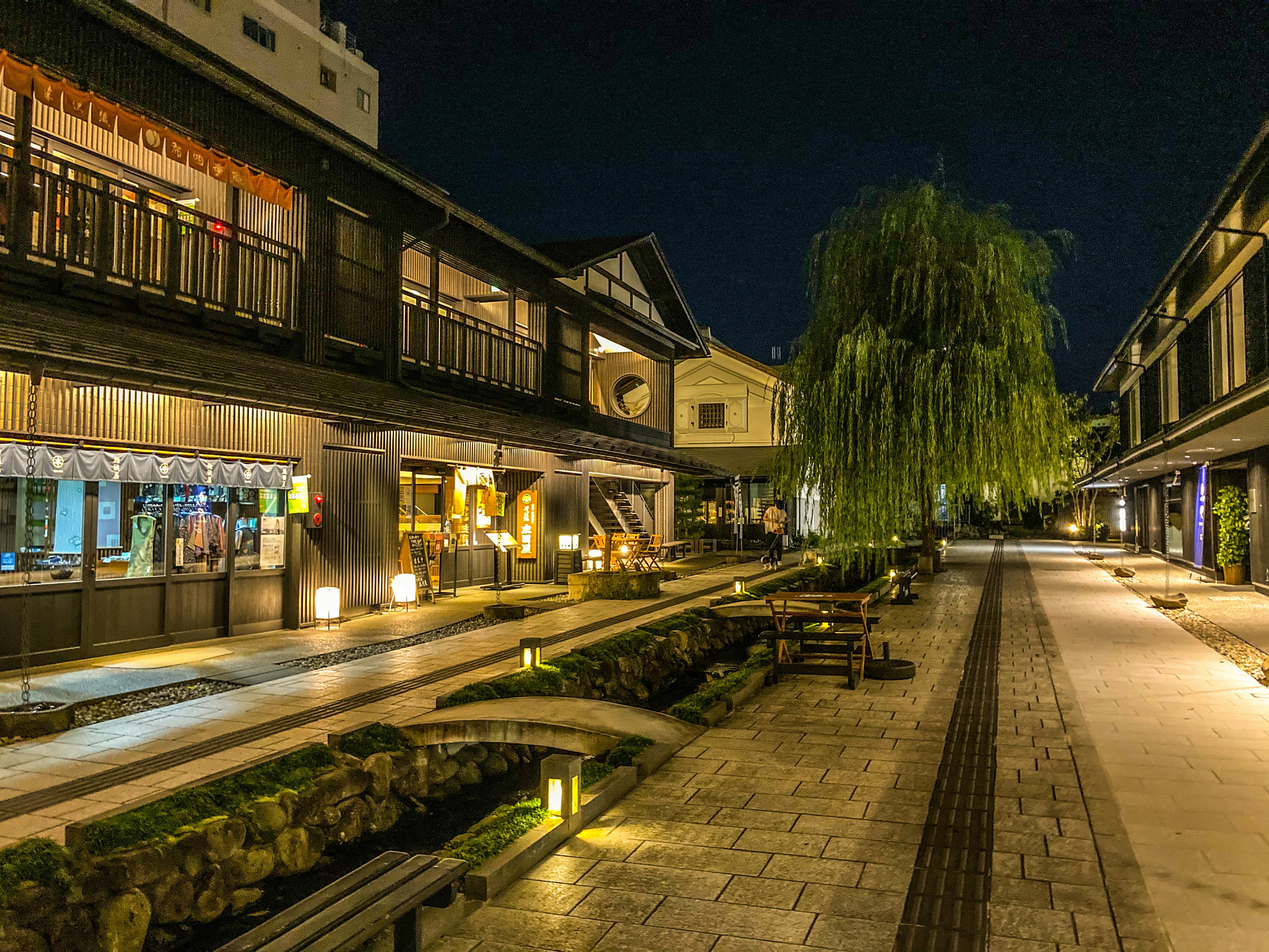 Traditionelle japanische Gebäude entlang einer ruhigen Straße bei Nacht mit einem Weidenbaum