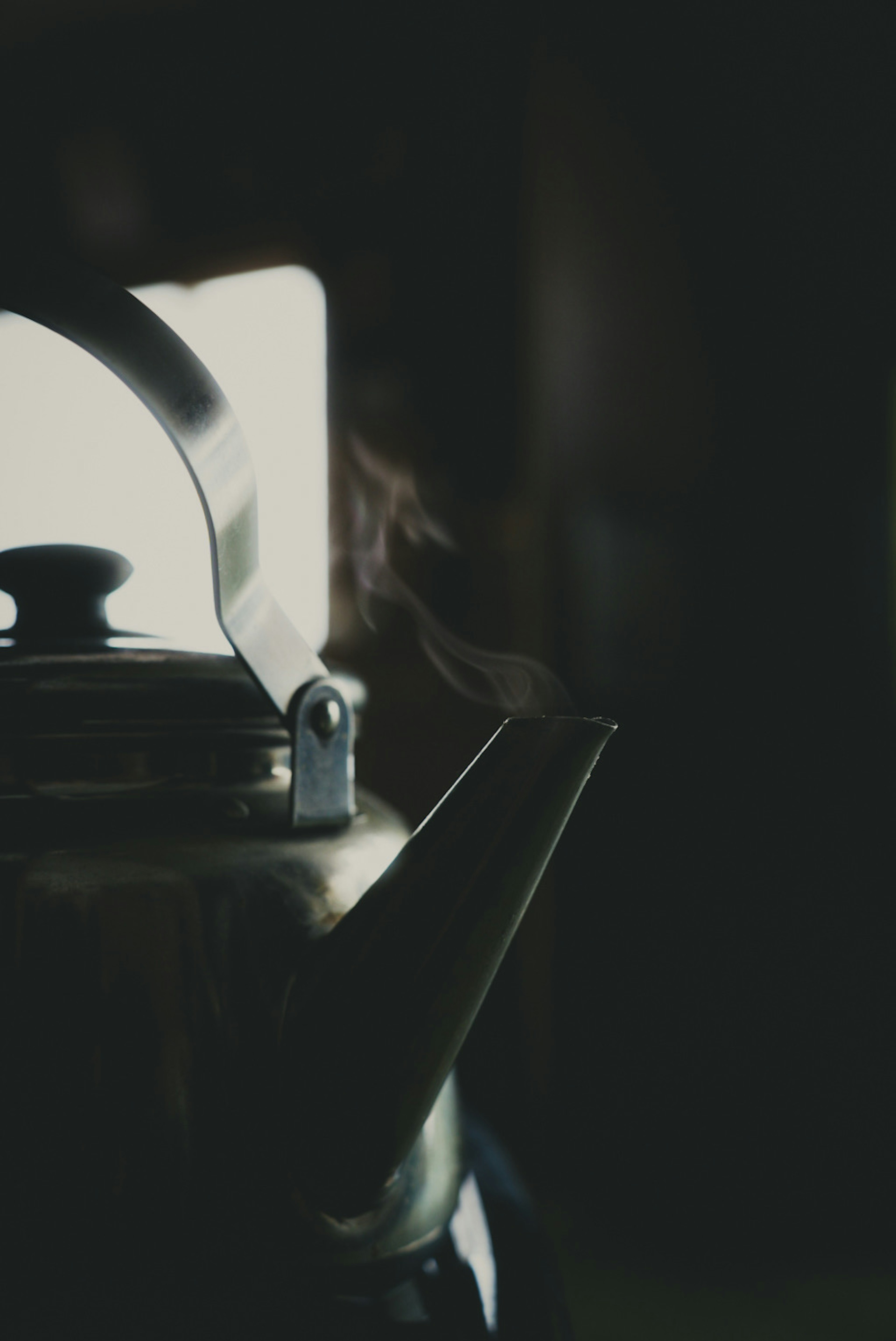 Close-up of a silver kettle with steam rising from the spout