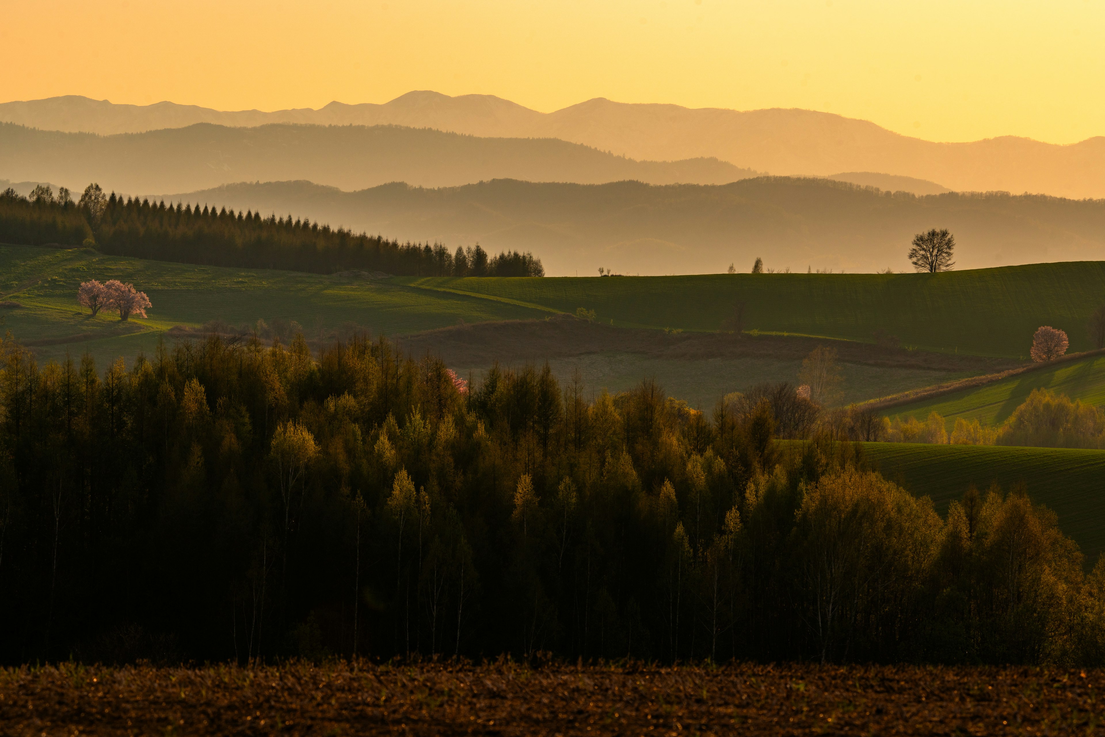 Wunderschöne Sonnenuntergangslandschaft mit Bergen und grünen Hügeln in sanftem Licht