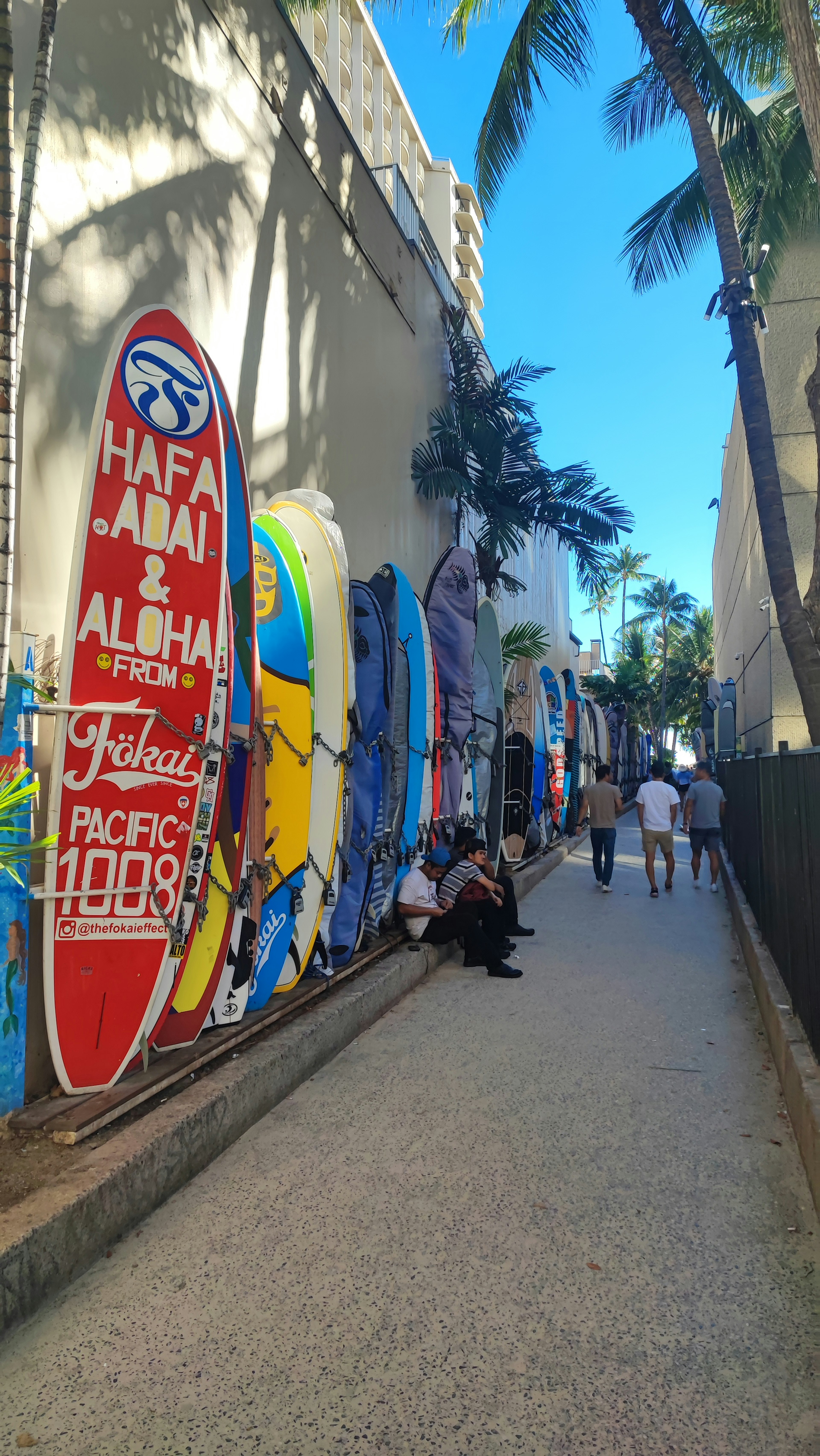 Tablas de surf coloridas alineadas a lo largo de un camino con personas caminando