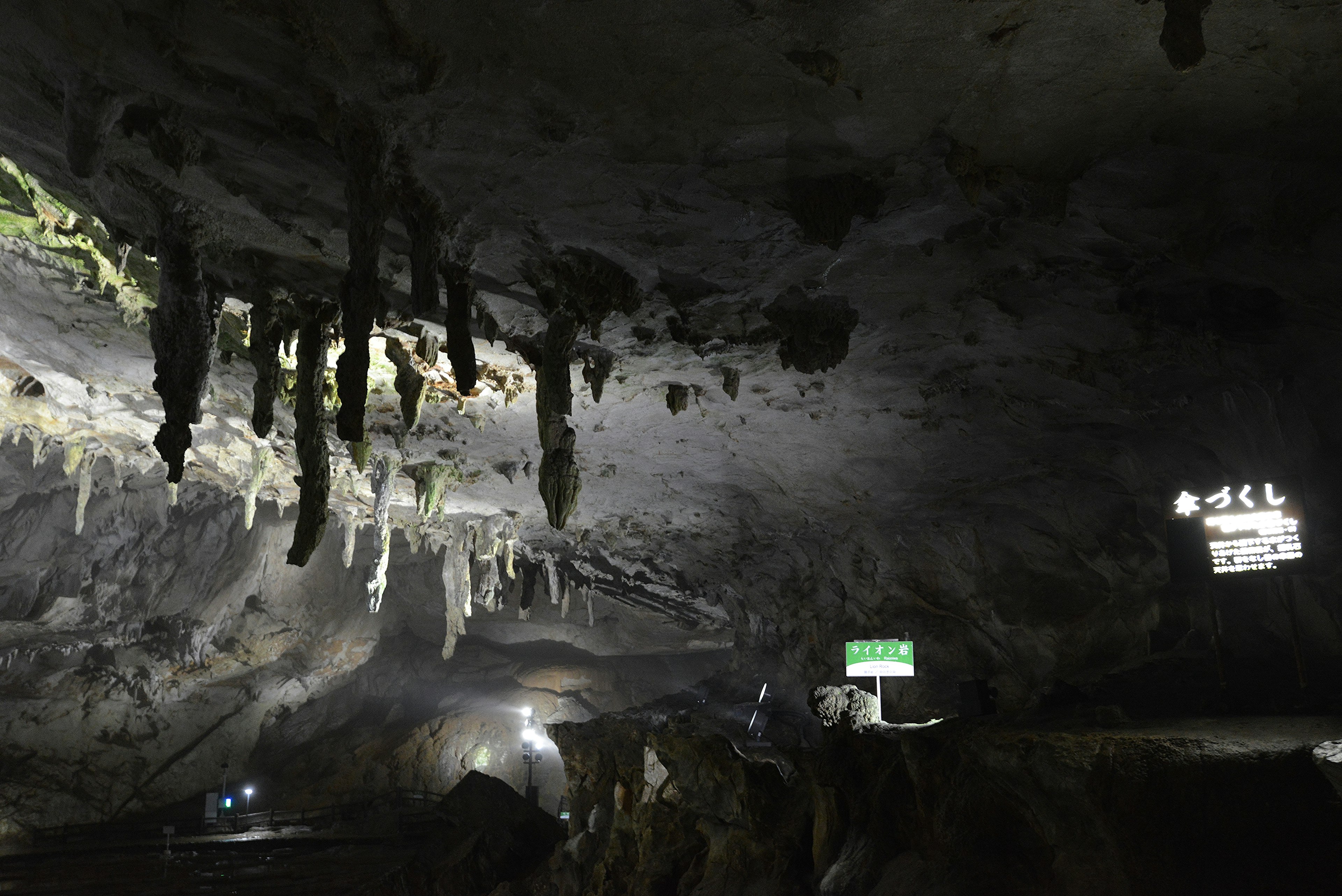 Des stalactites et stalagmites suspendues au plafond sombre de la grotte