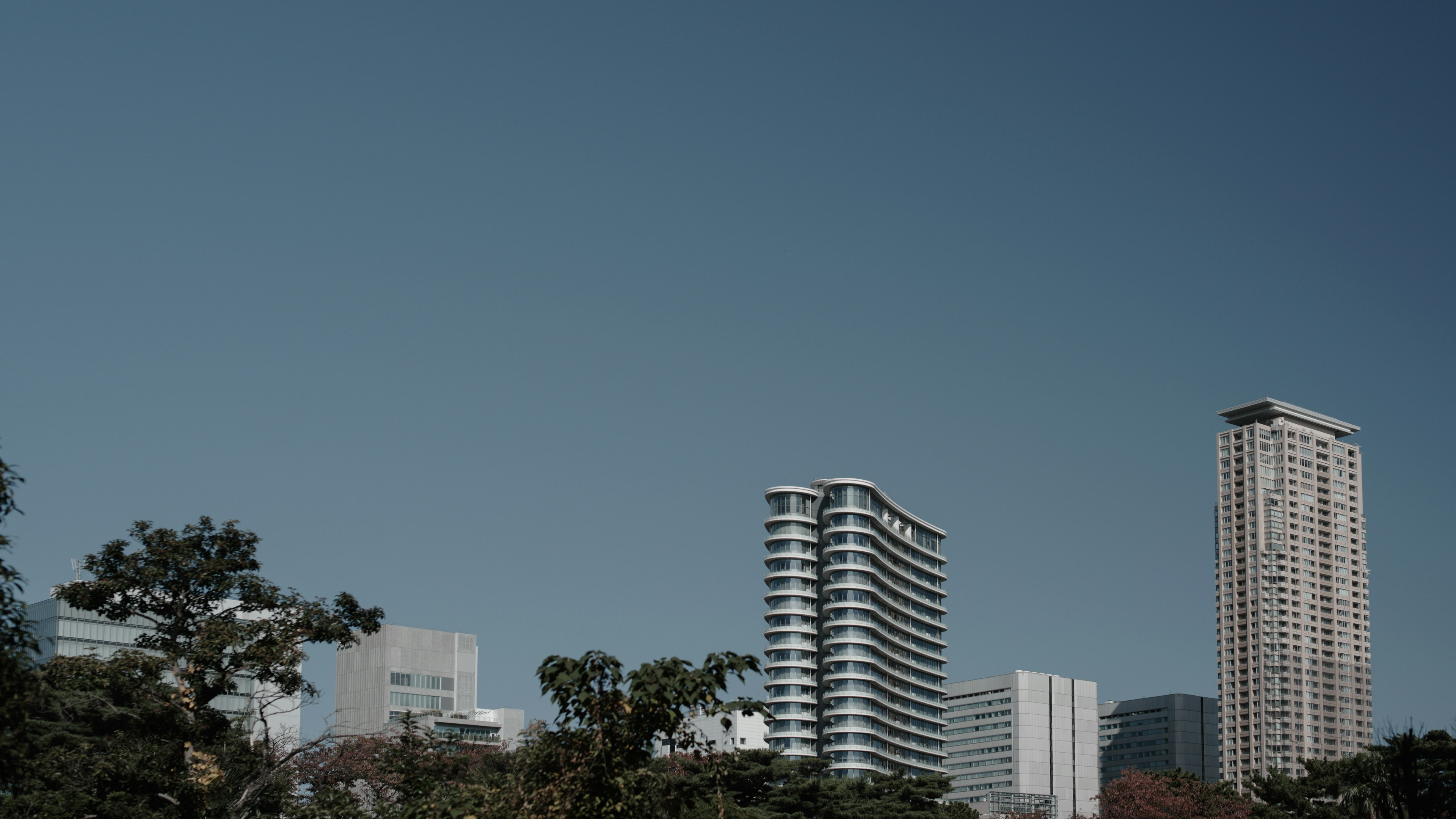 青空の下に高層ビルと緑の木々がある都市の風景