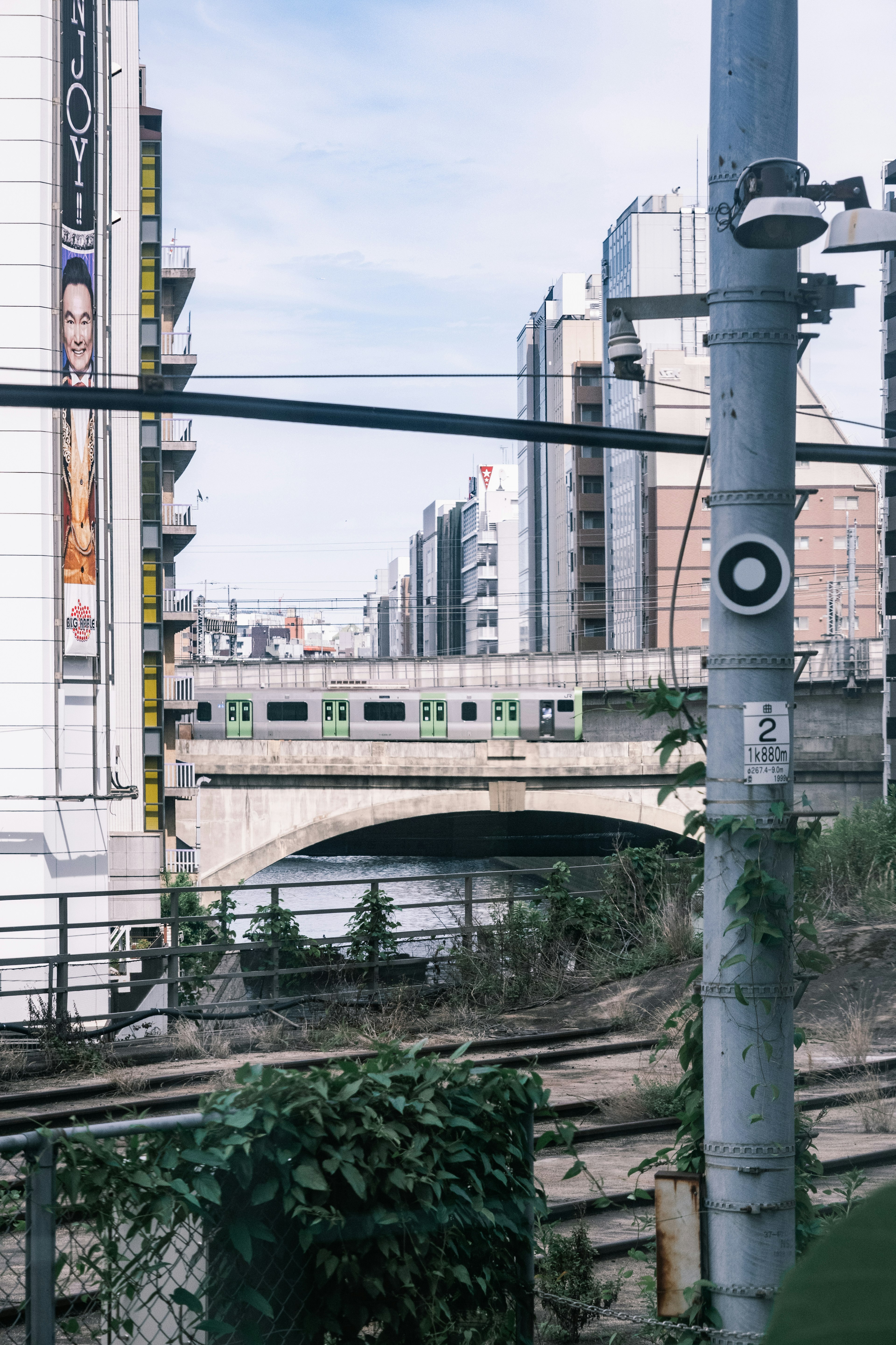 城市風景，包含鐵路橋和建築物