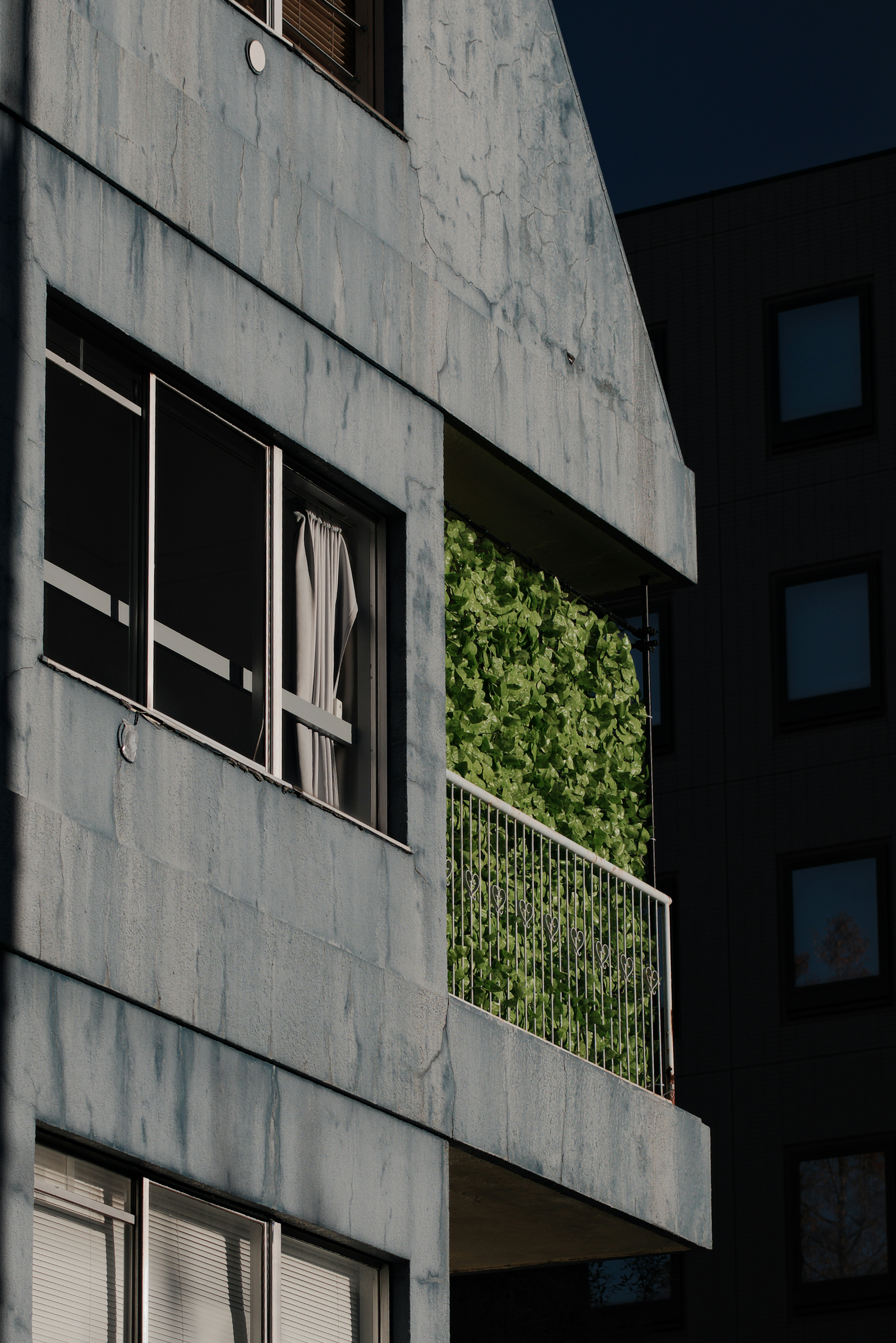 Balcon d'un bâtiment moderne orné de plantes vertes luxuriantes