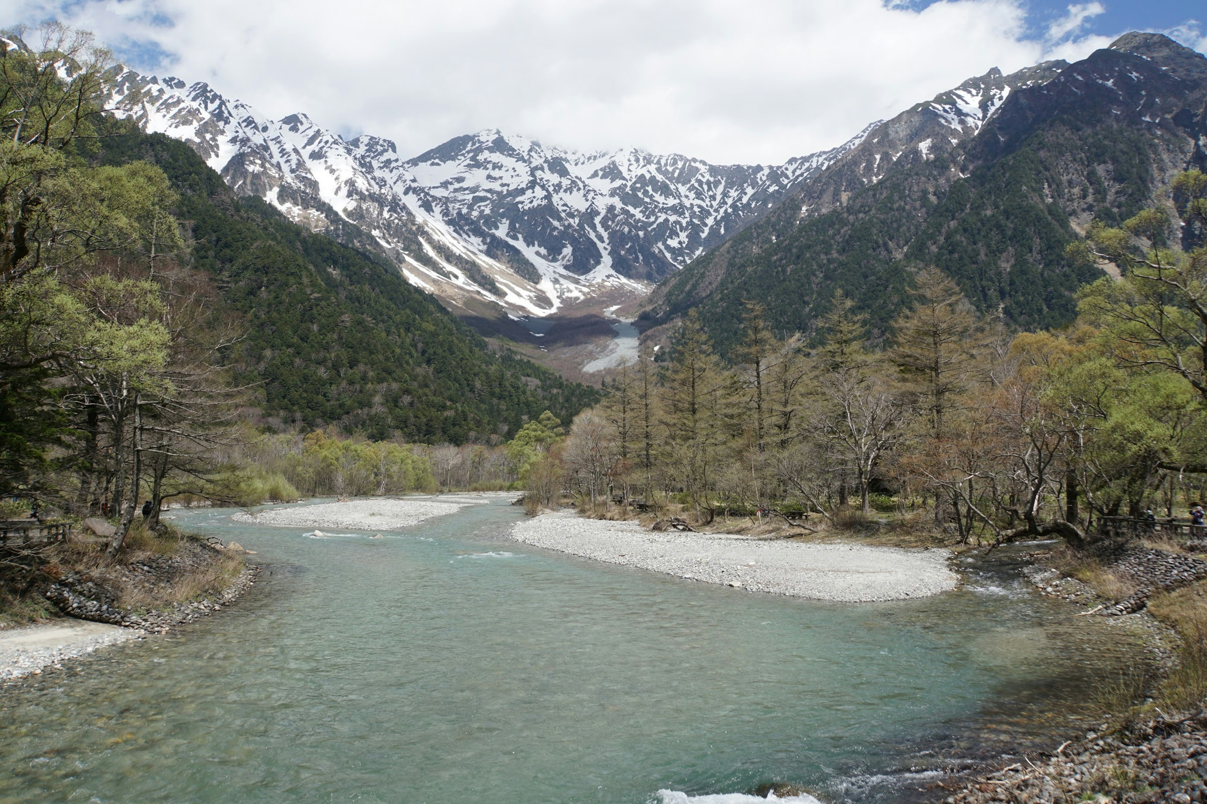 Vista escénica de montañas y río con árboles verdes y picos nevados