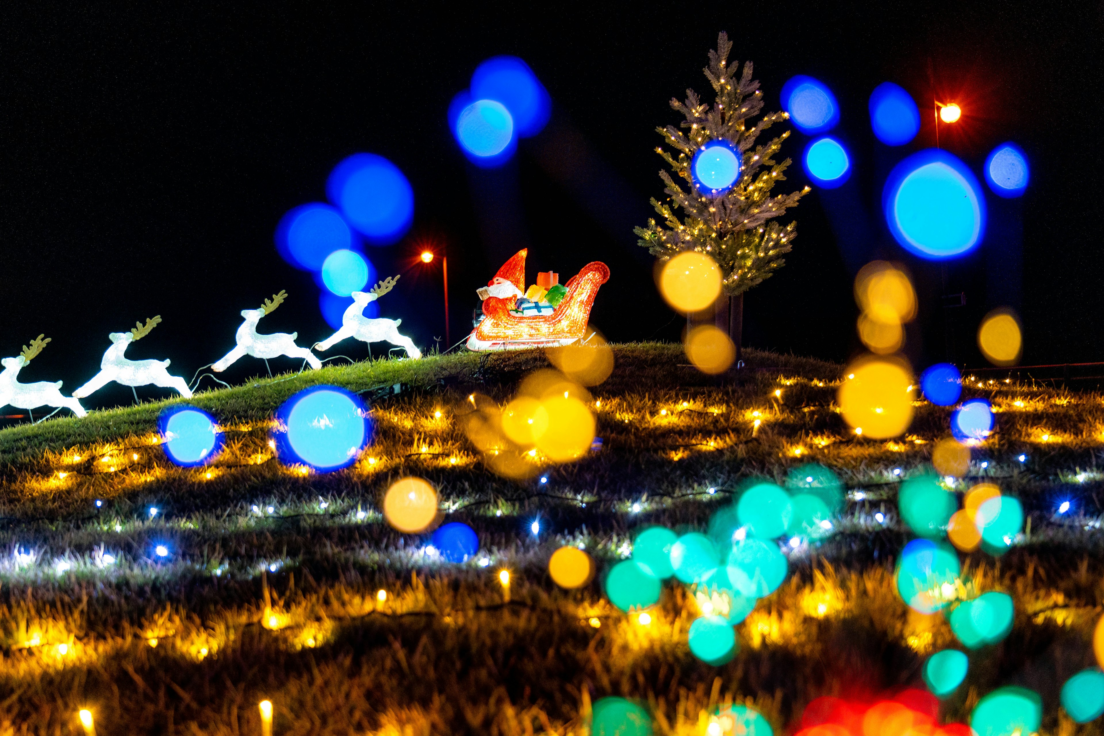 Sled Santa dan sekelompok rusa yang diterangi di malam hari dengan lampu berkilau