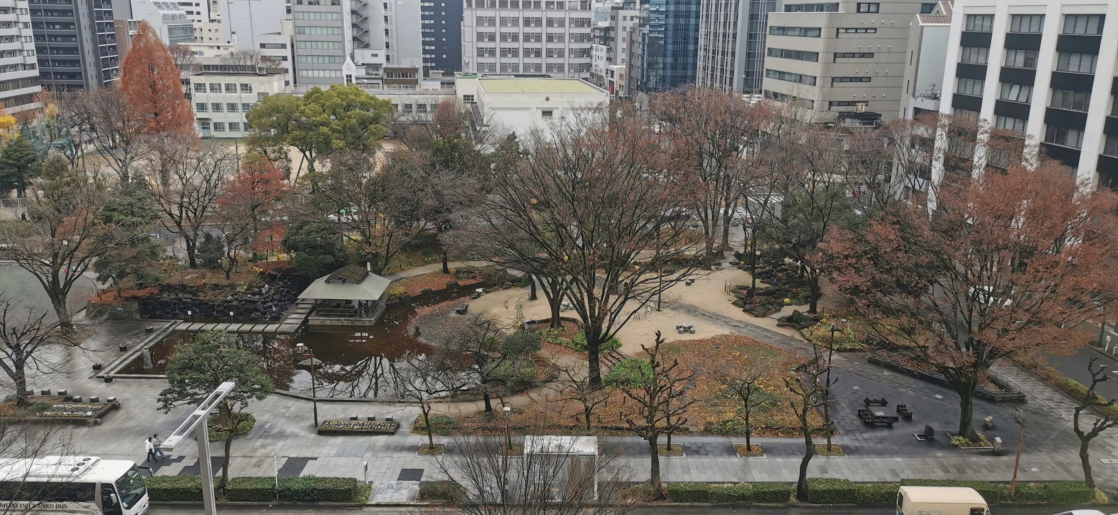 都市の公園の冬景色緑の木々と枯れた葉石の小道