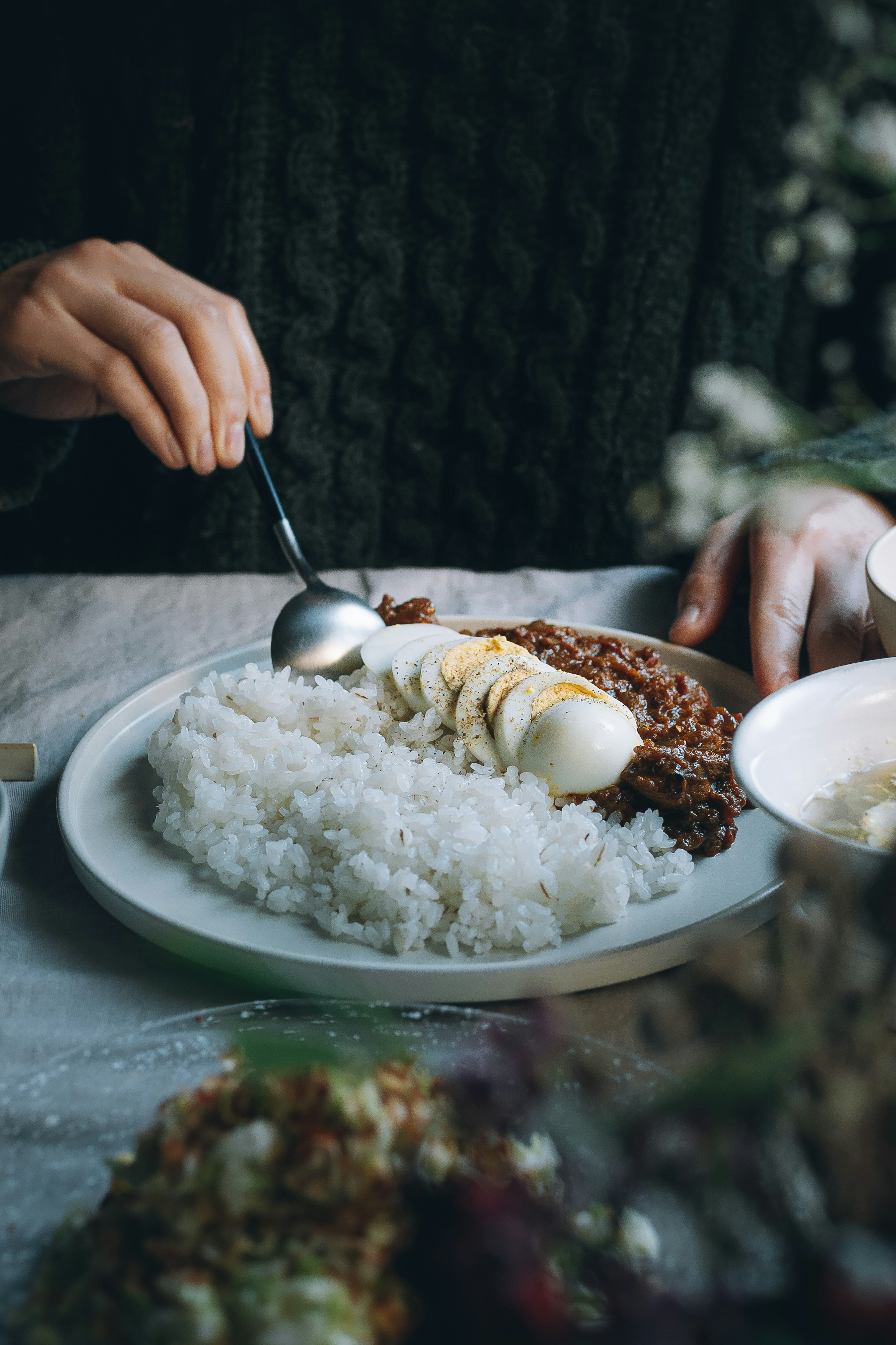 白ご飯と肉料理を楽しむ手元の写真