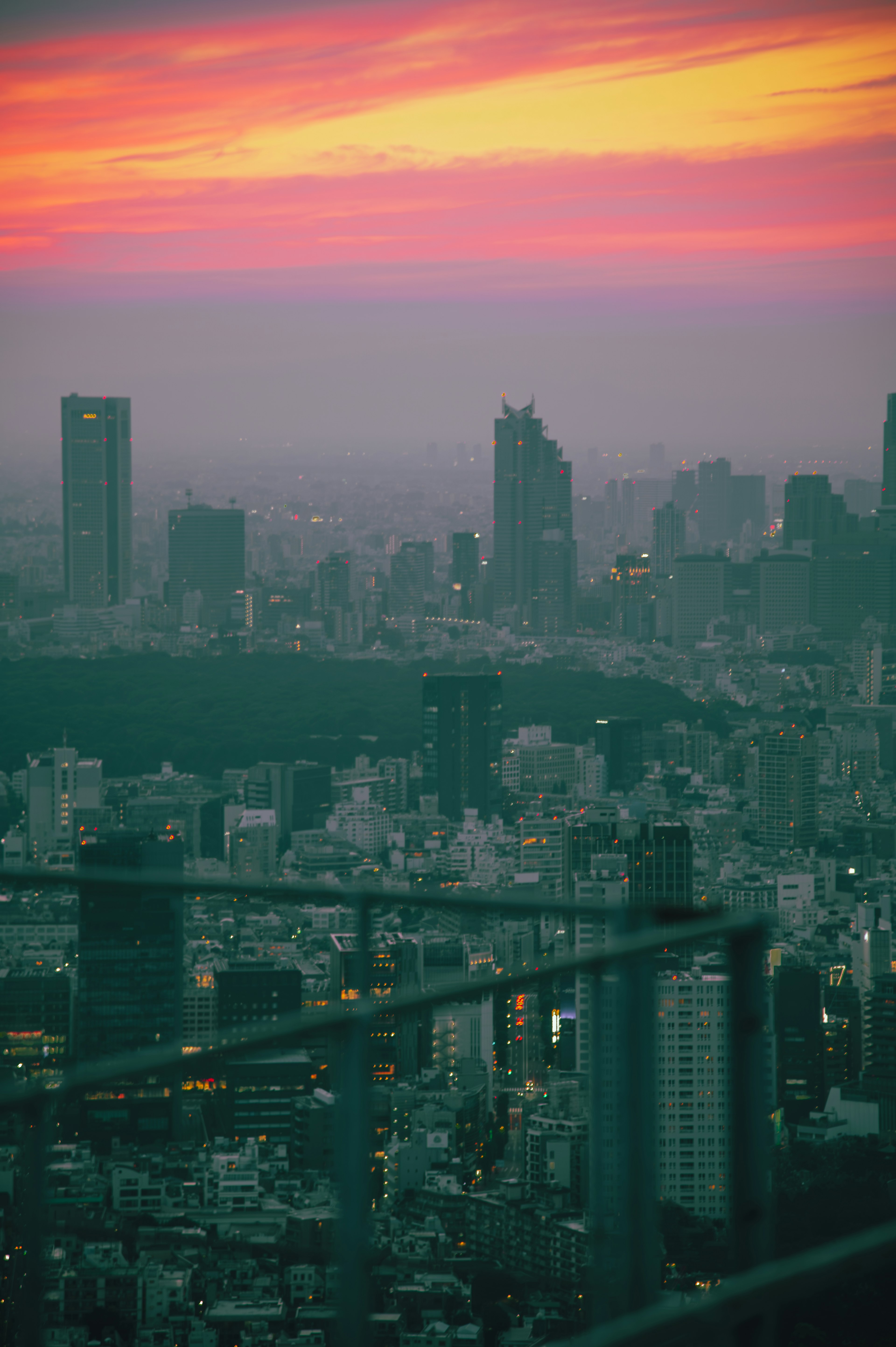 夕焼けに照らされた都市の風景 高層ビルと広がる街並み