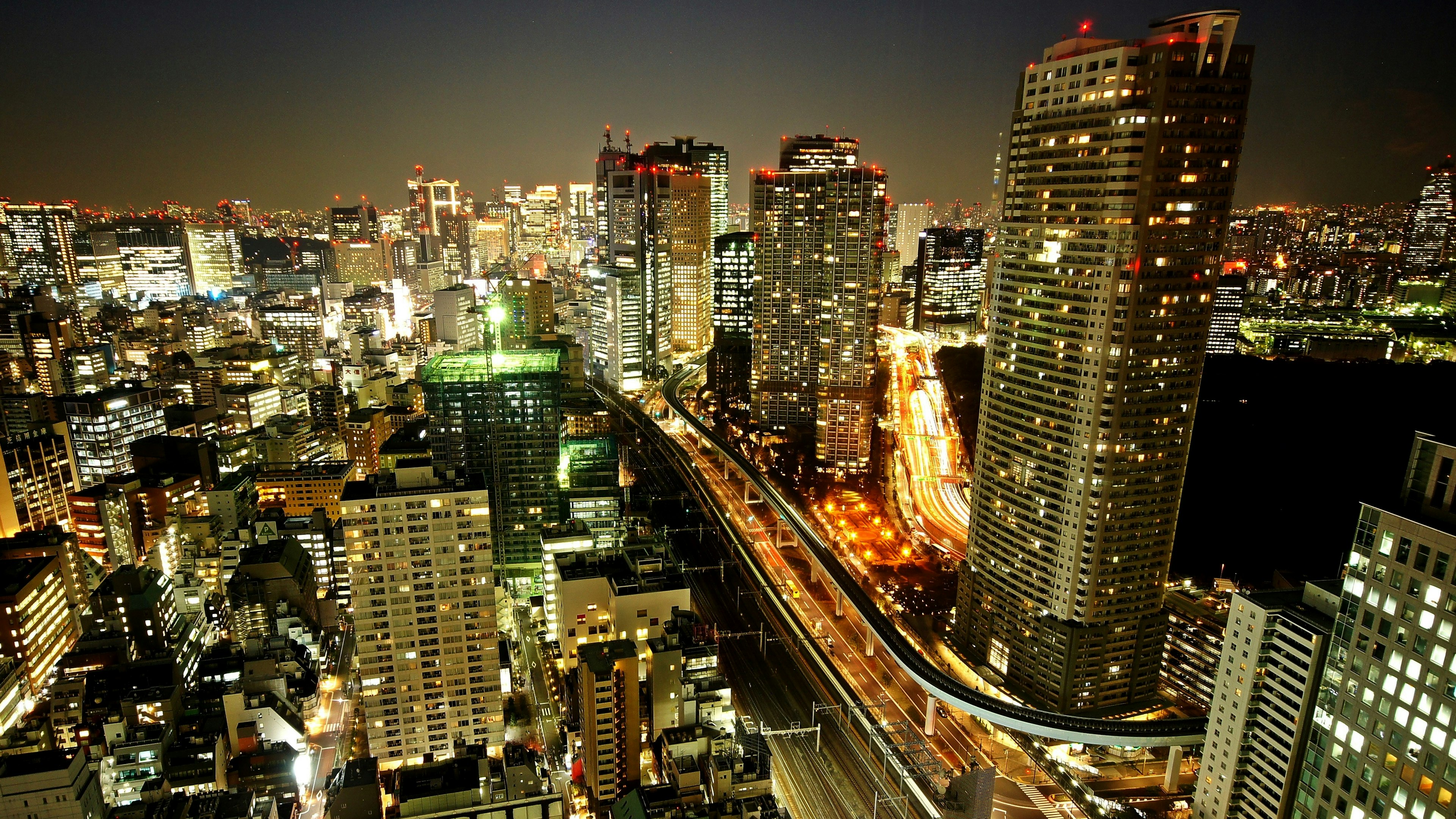 Vista notturna dei grattacieli e dell'autostrada di Tokyo