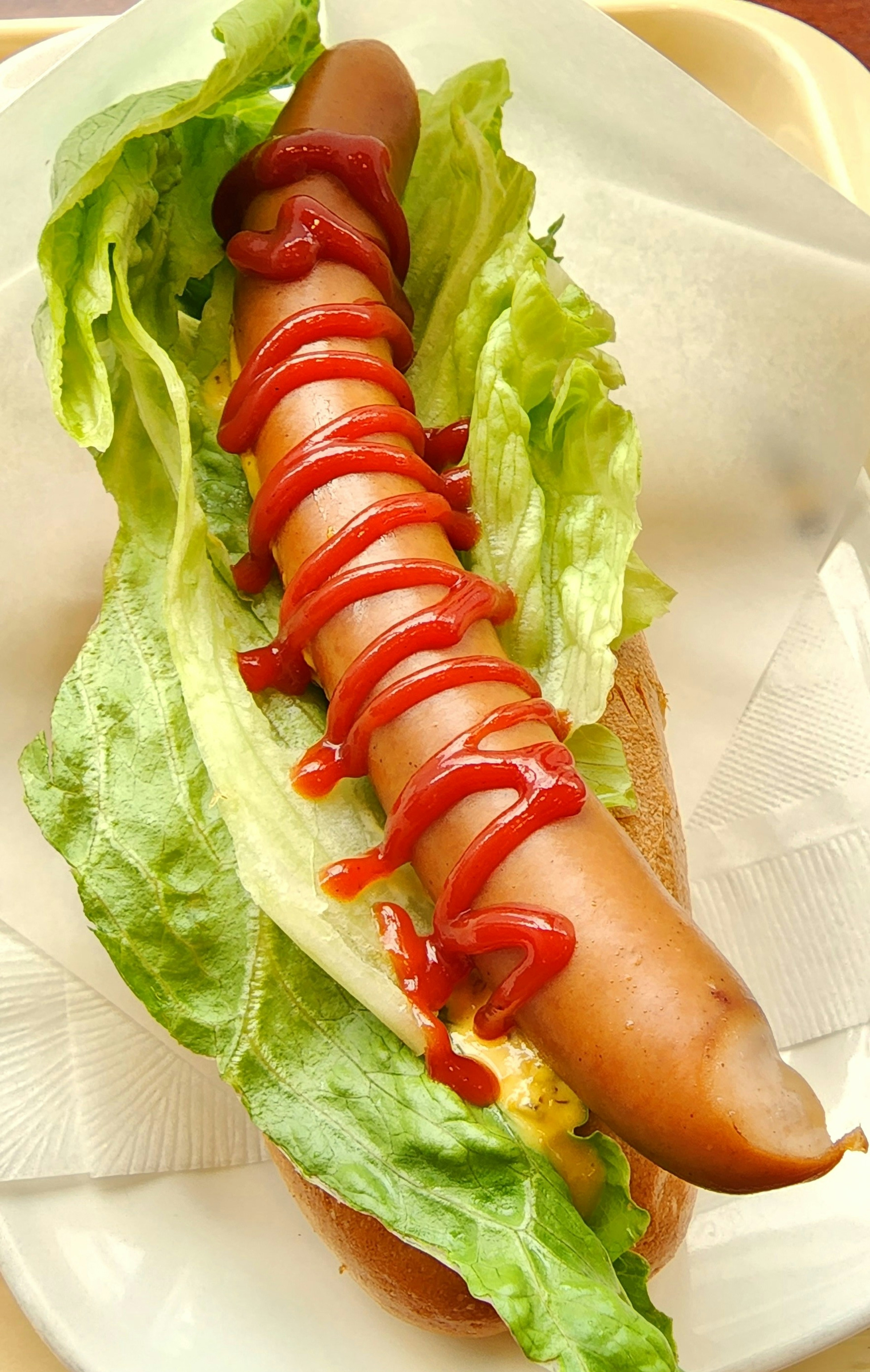 Hot dog with lettuce and ketchup drizzled on top