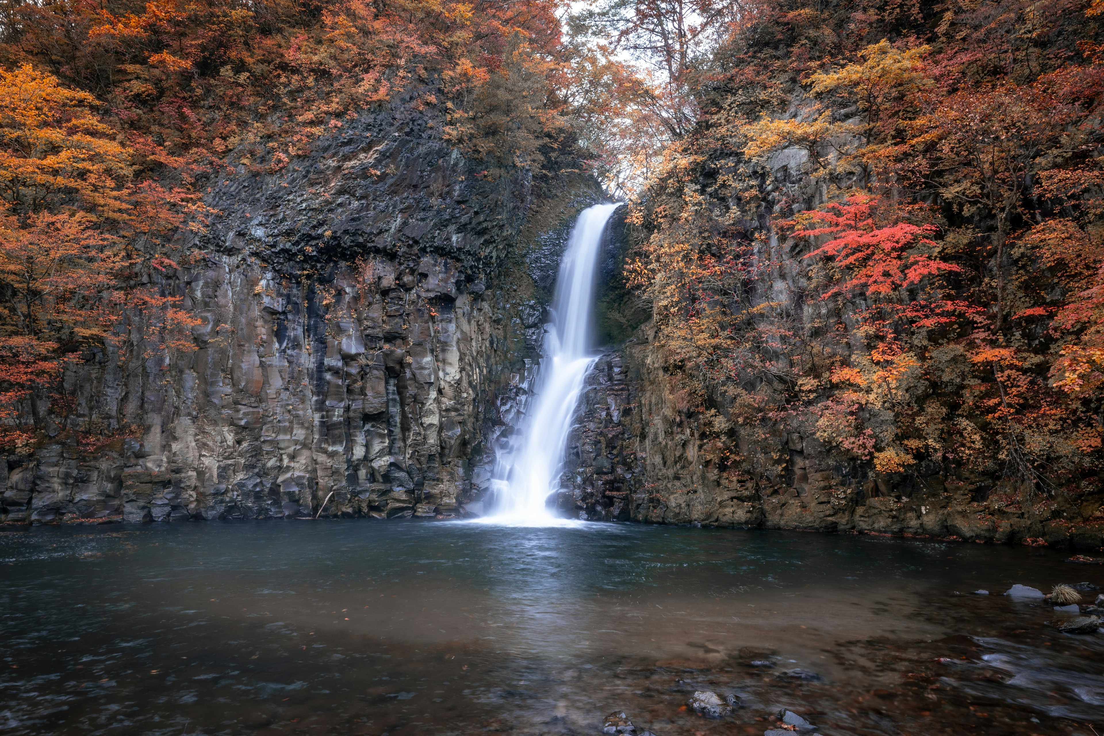 Une belle cascade entourée de feuillage d'automne