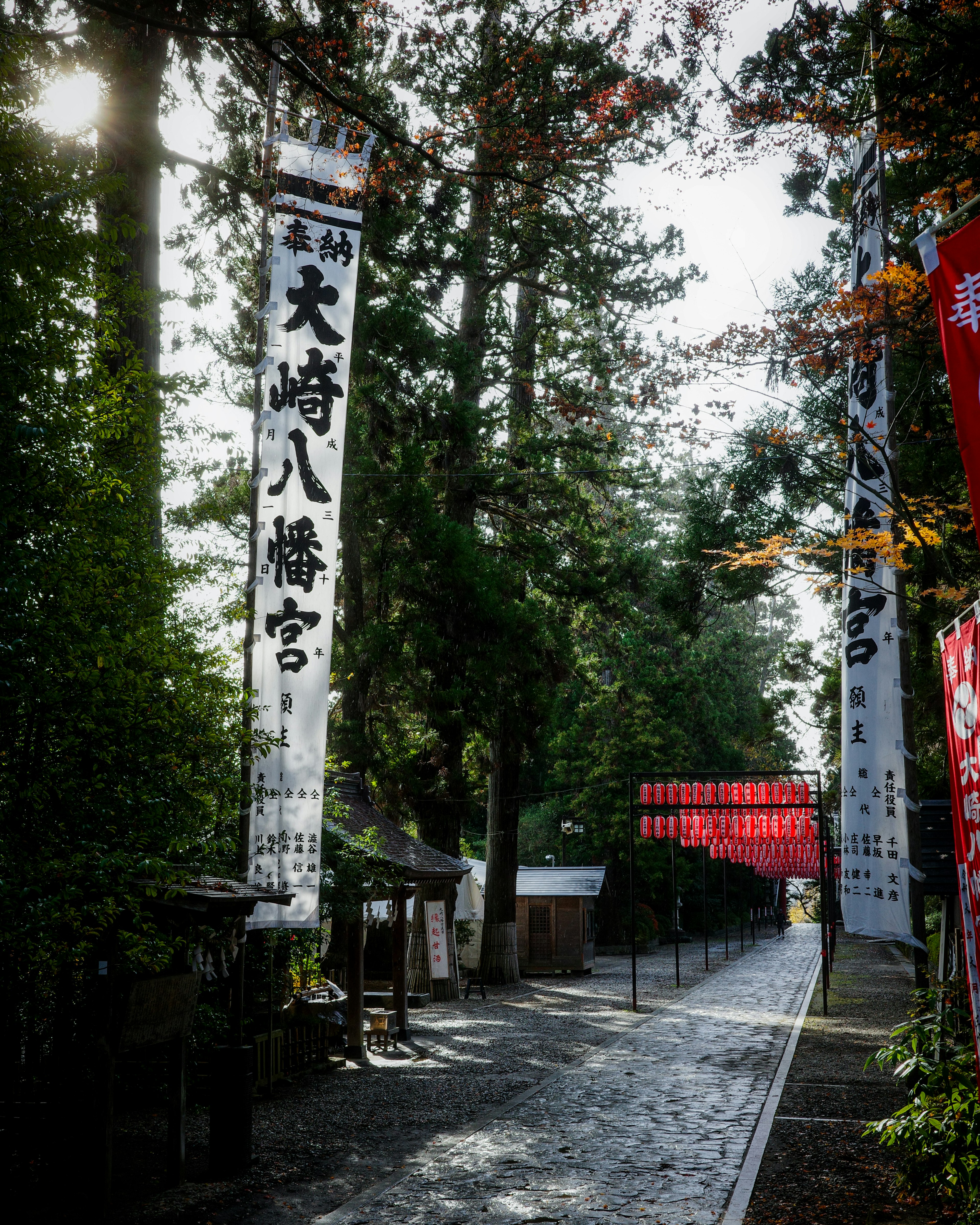 Sentiero che porta a un santuario circondato da alberi con grandi striscioni e lanterne rosse