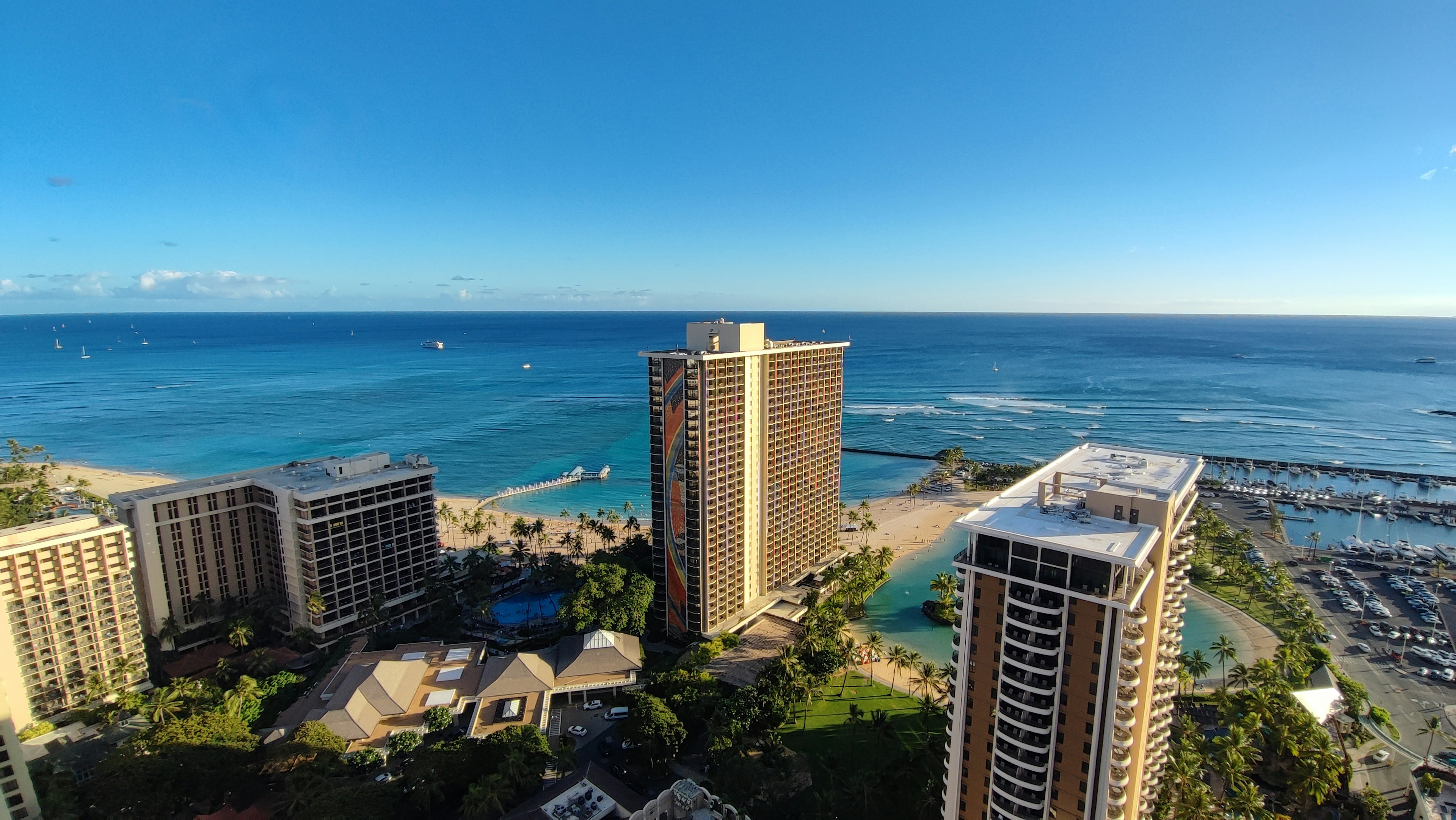 Coastal view featuring tall buildings and blue ocean