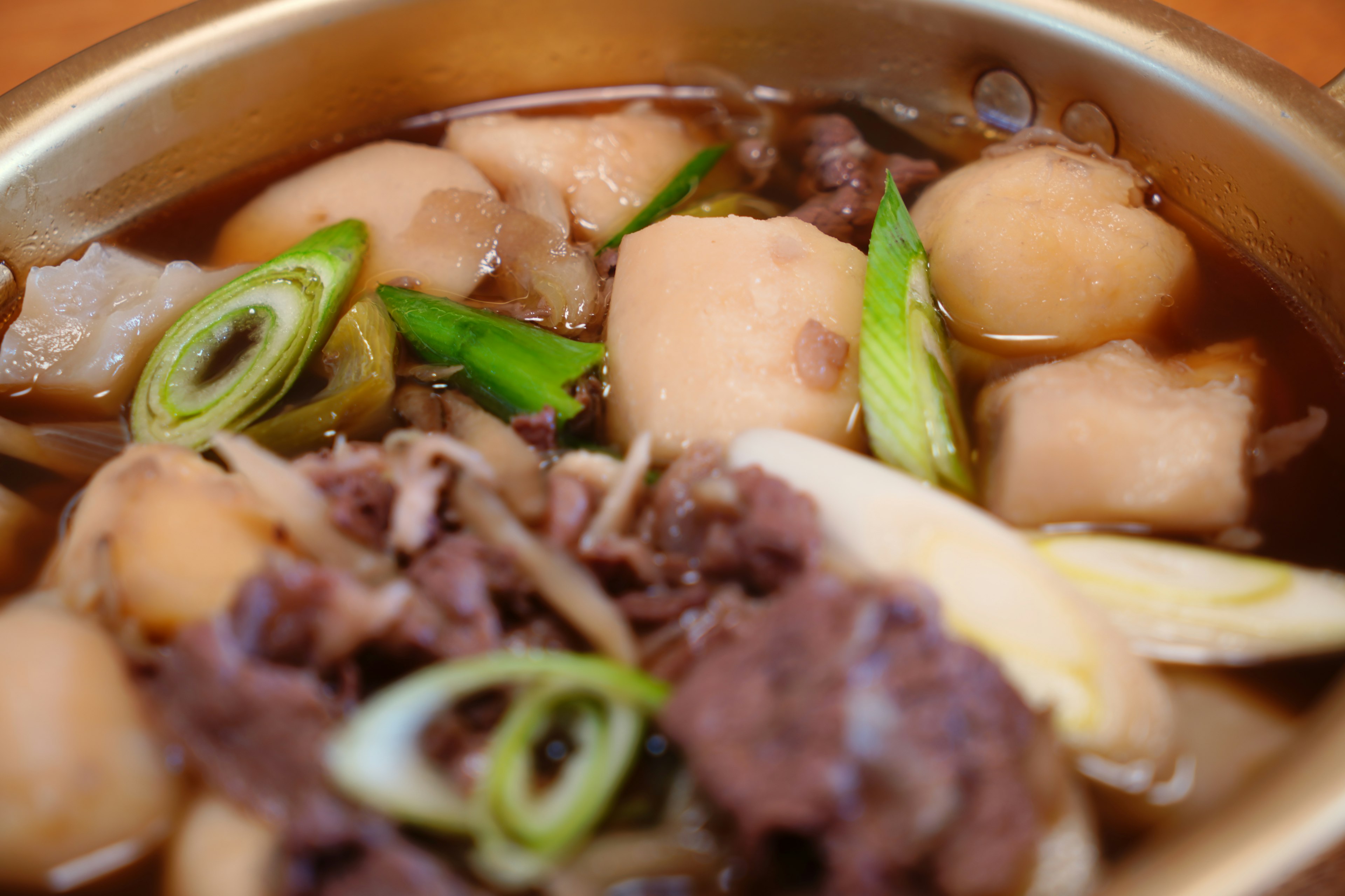 Tazón de sopa con carne y dumplings decorado con cebollas verdes