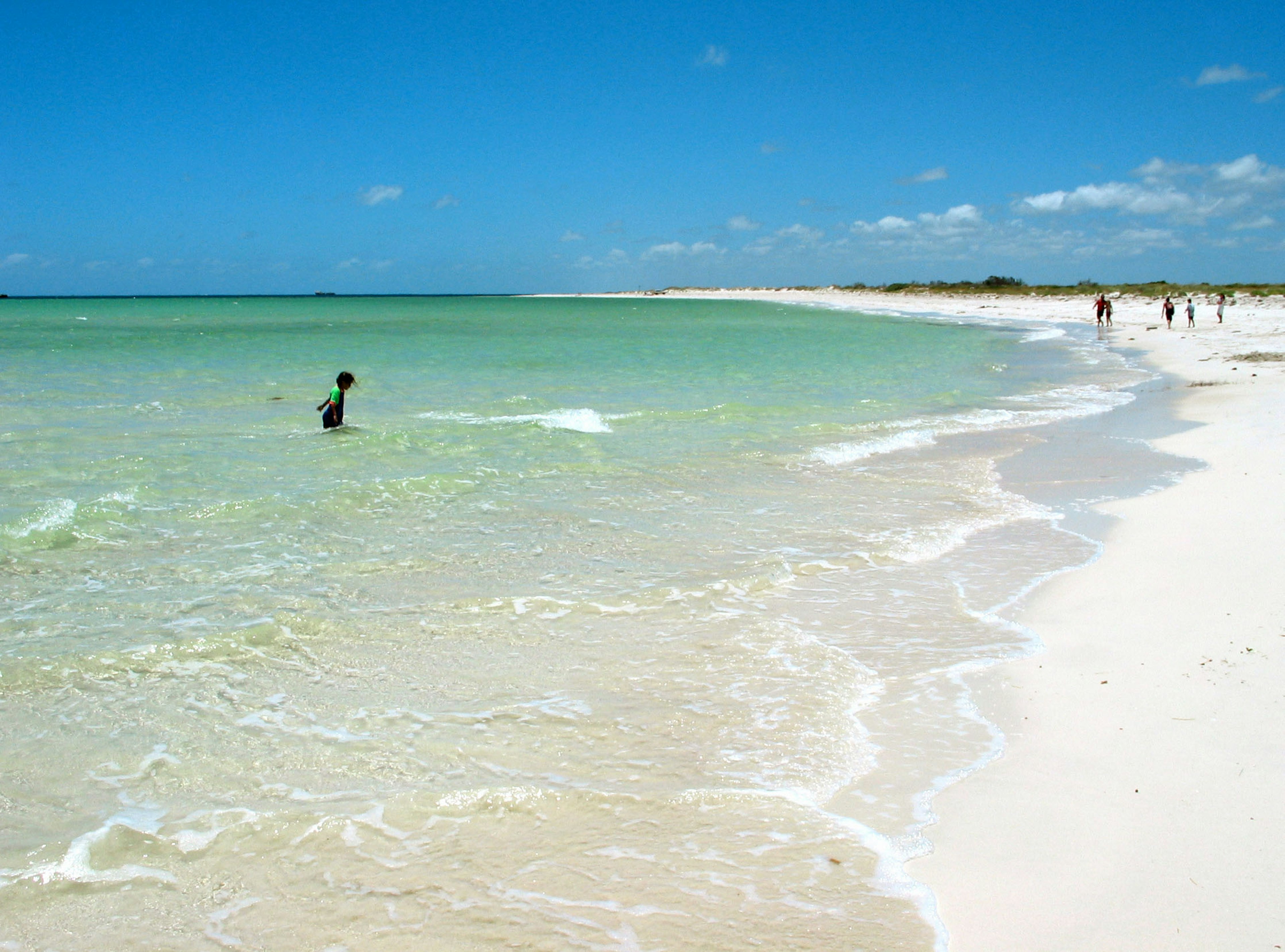 Person wading in a clear turquoise sea on a sunny beach