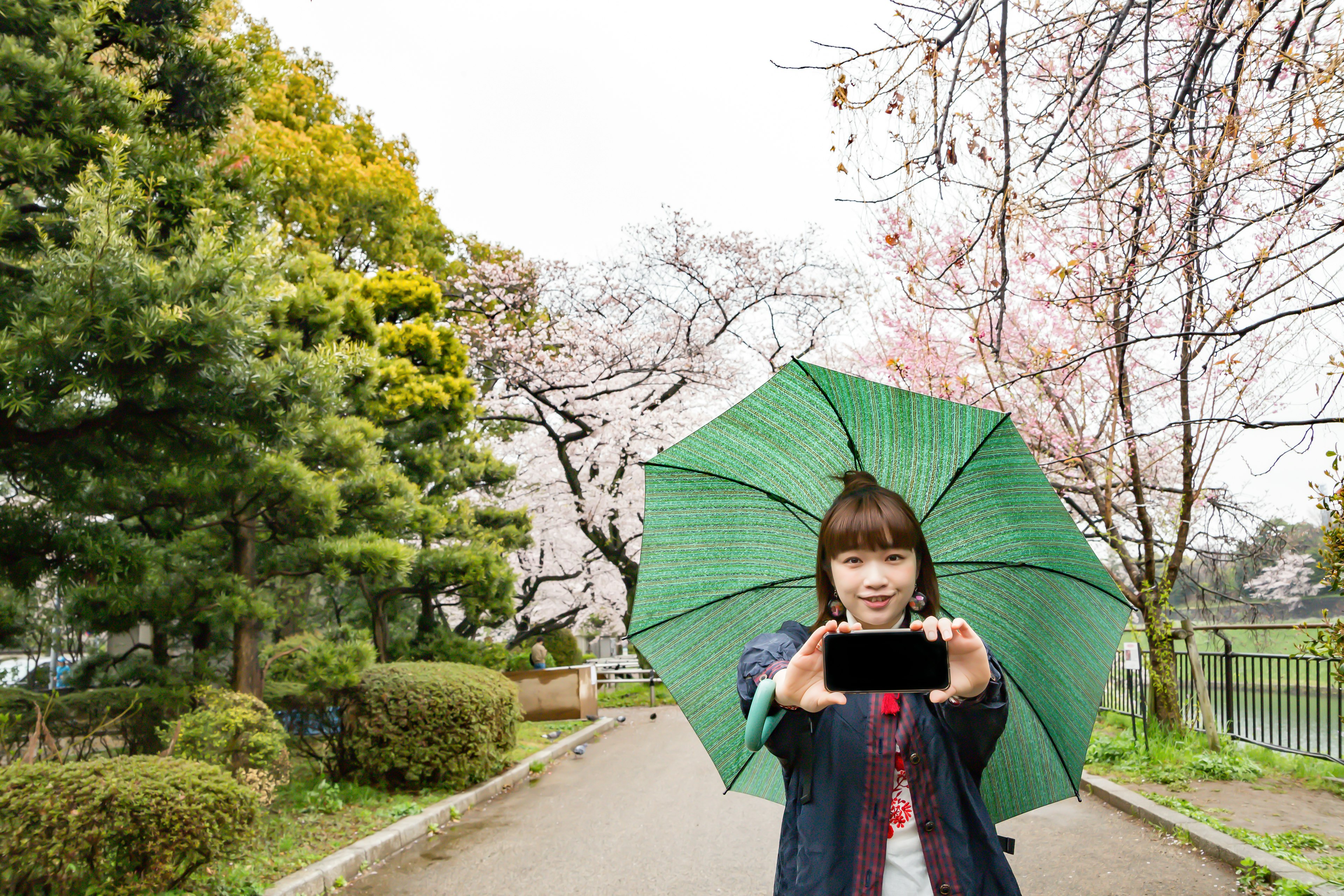 緑の傘を持つ女性が桜の木の下で自撮りをしている