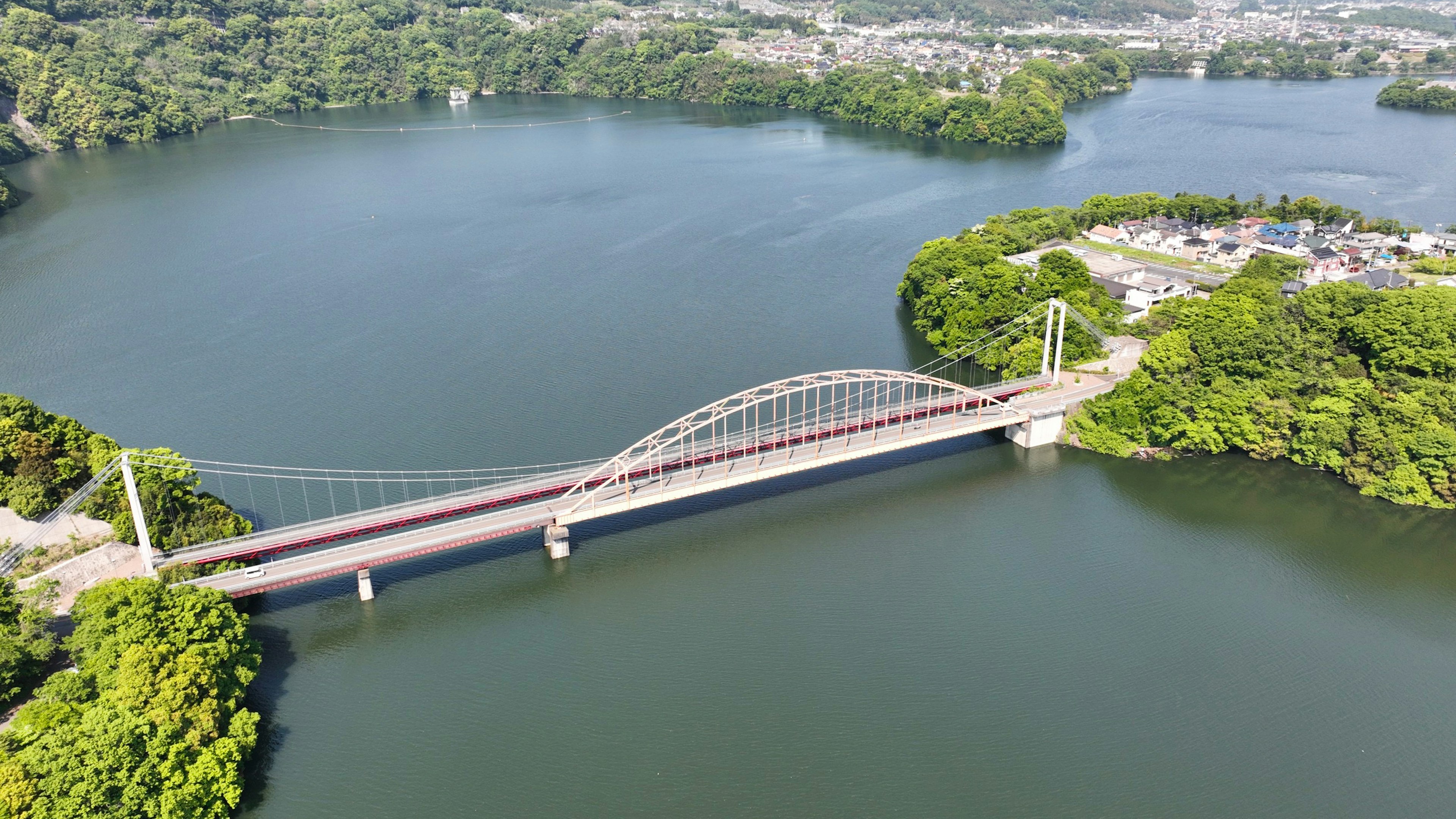 Vista aerea di un ponte ad arco che attraversa un lago circondato da vegetazione