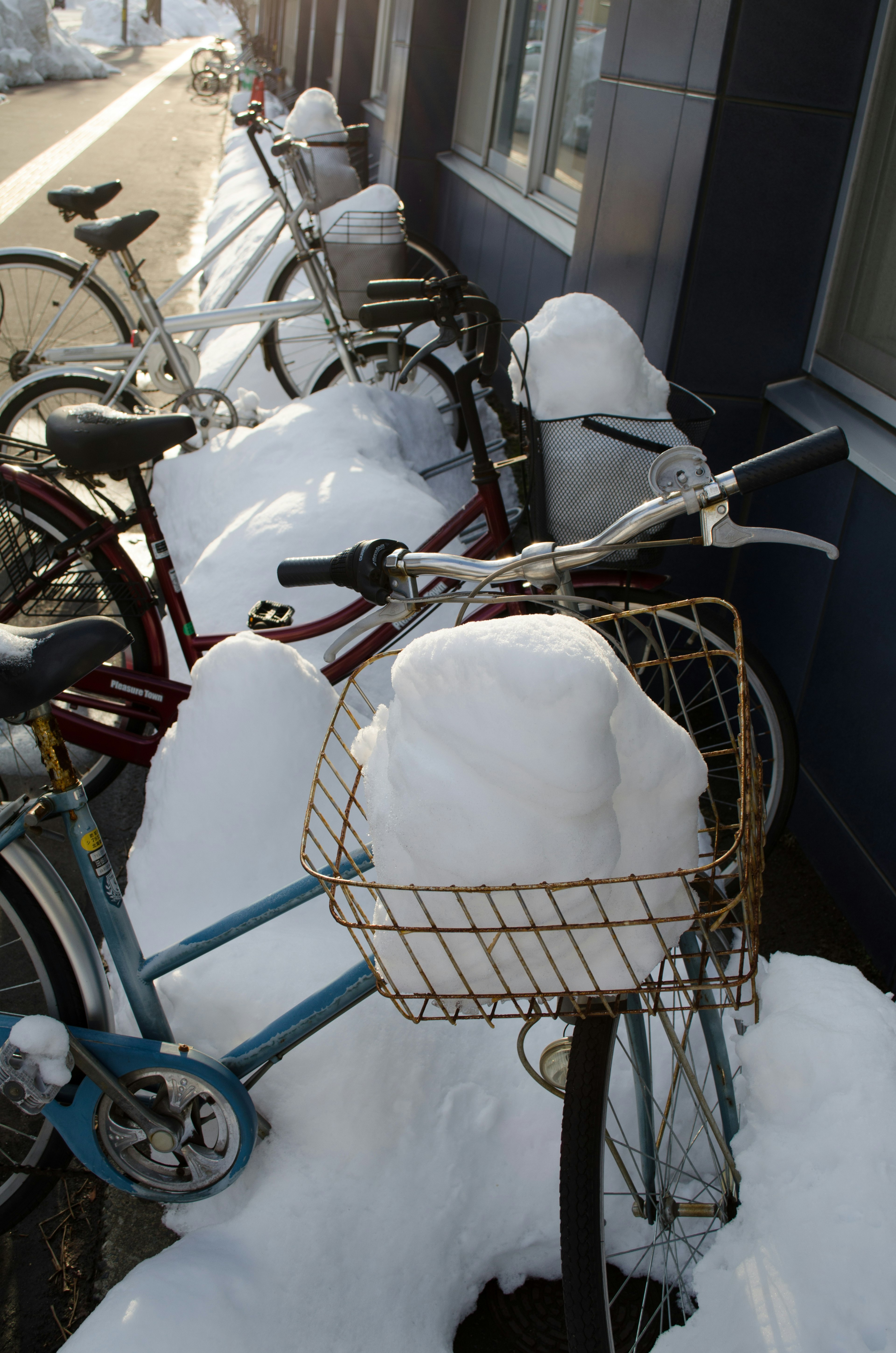 Fila de bicicletas cubiertas de nieve