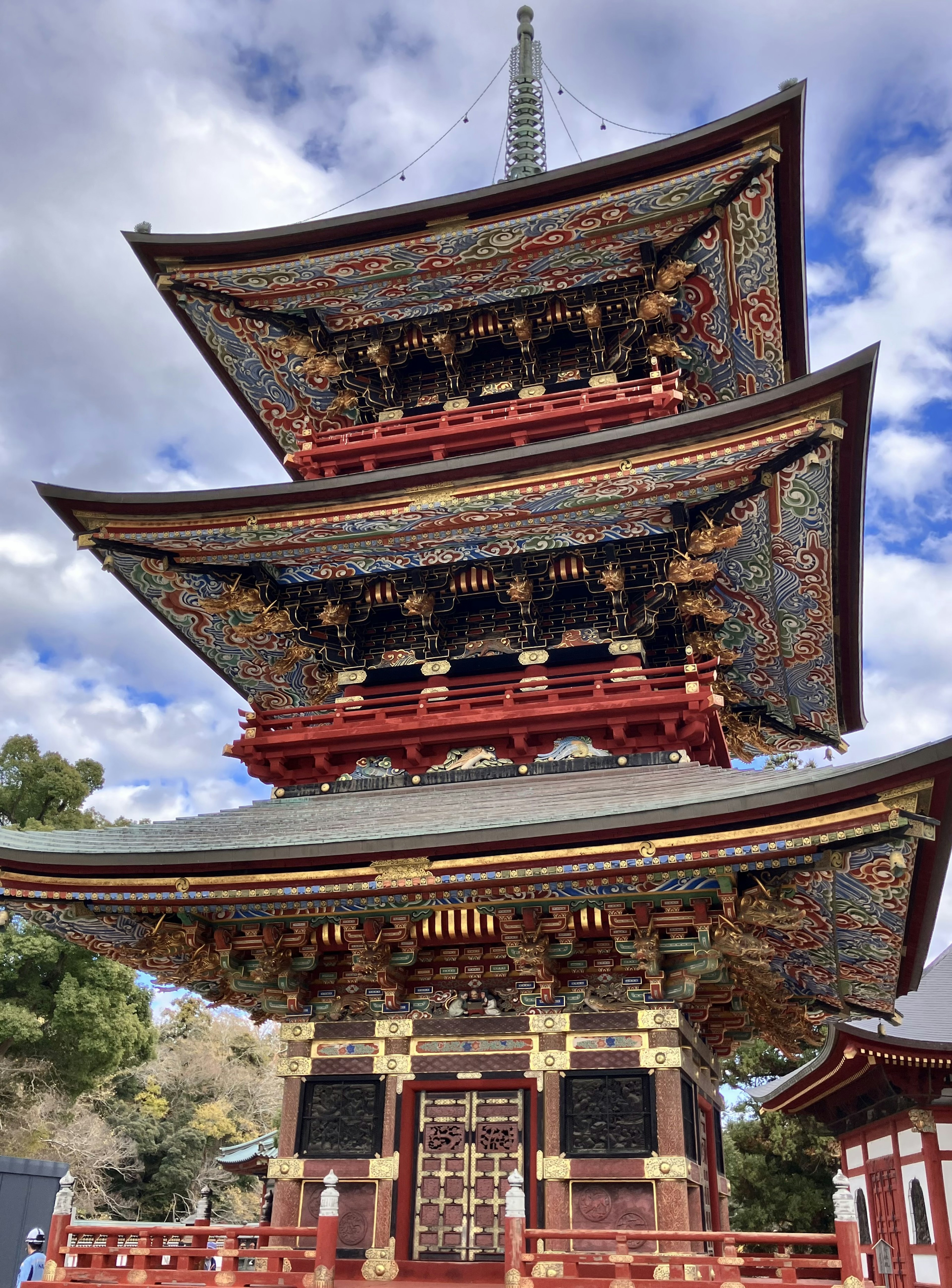 Colorful decorations of a five-story pagoda with a beautiful roof