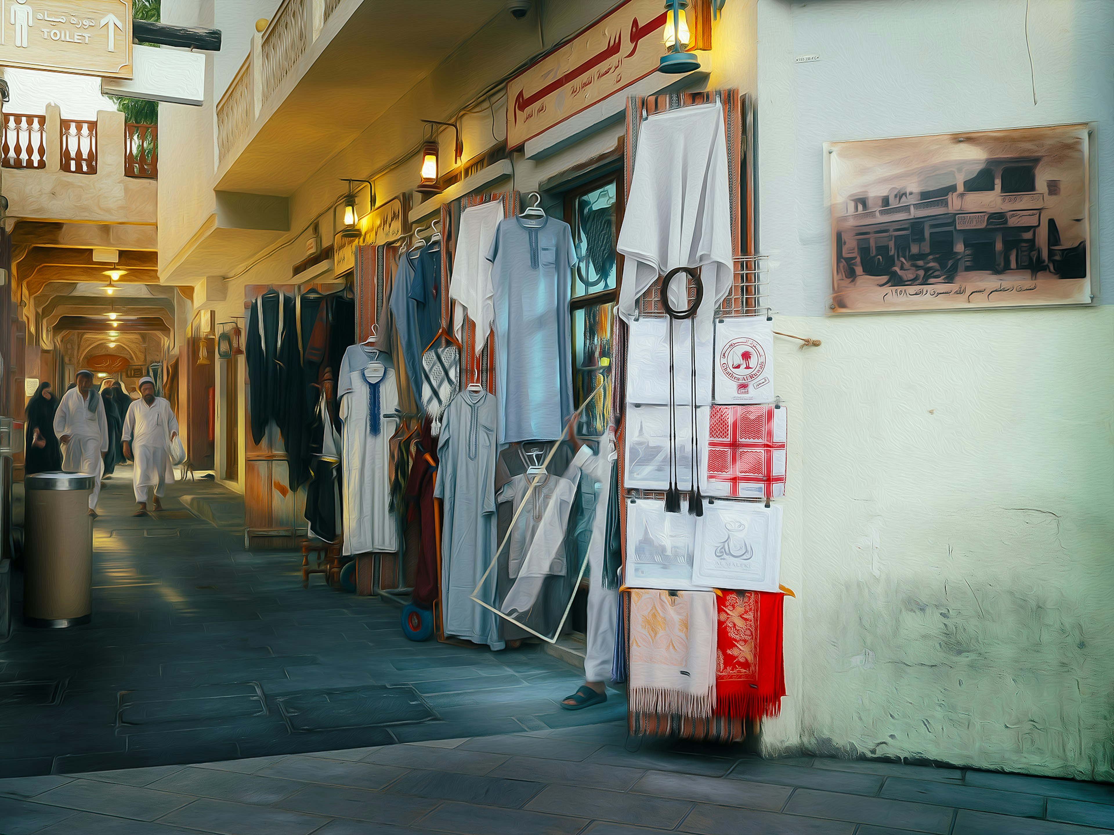 Couloir de marché traditionnel bordé de magasins de tissus et de vêtements