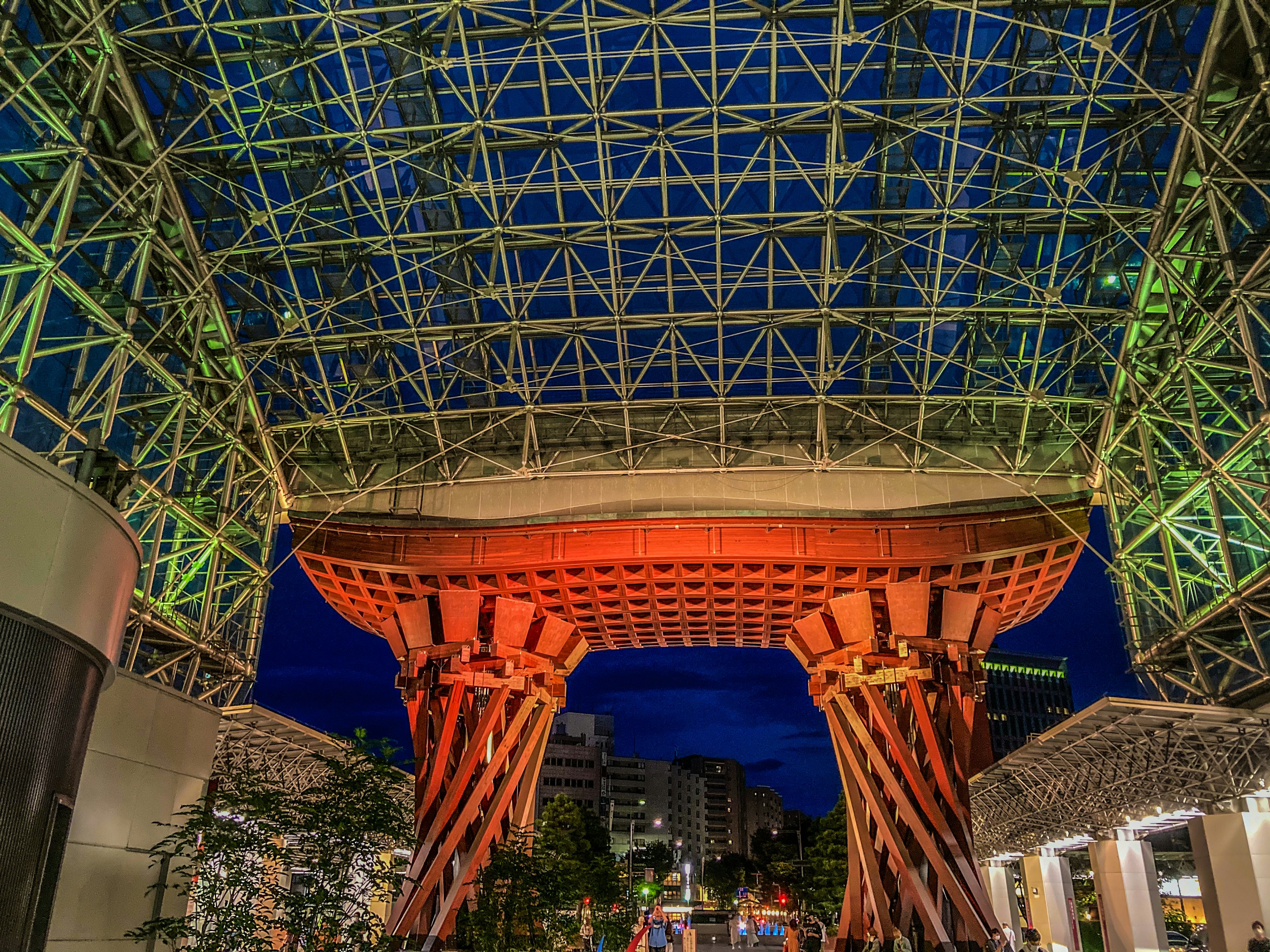 Unique structural canopy and pillars under the night sky