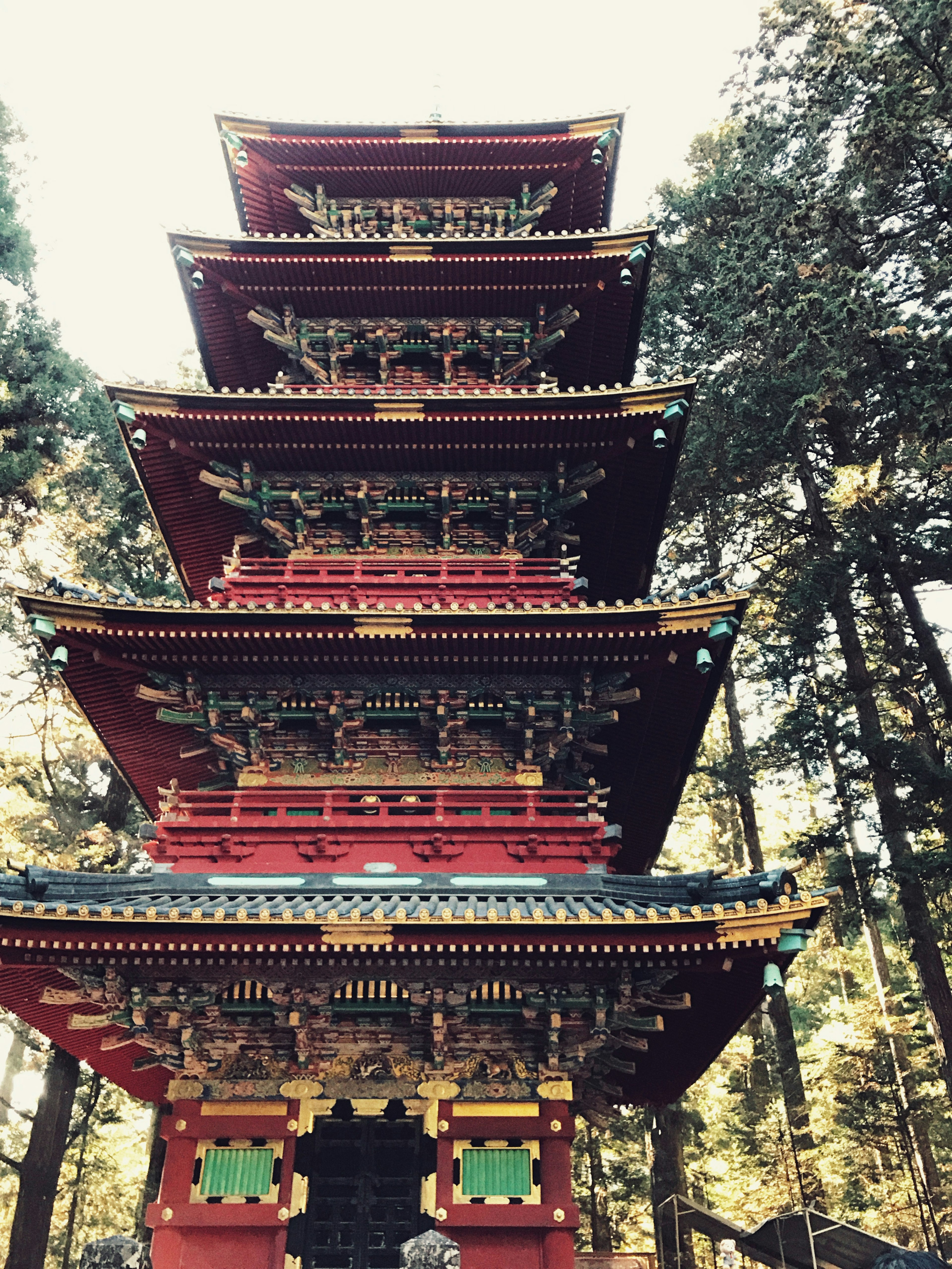 Pagode colorée à cinq étages se tenant parmi les arbres