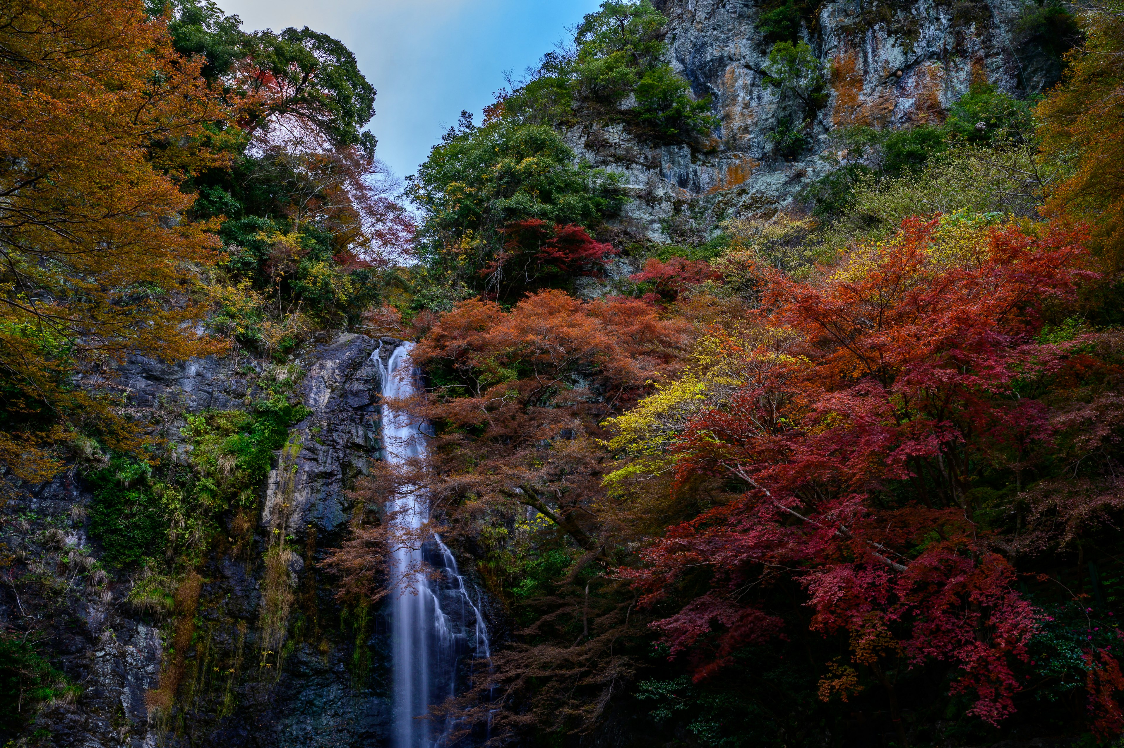 Una bella cascata circondata da fogliame autunnale