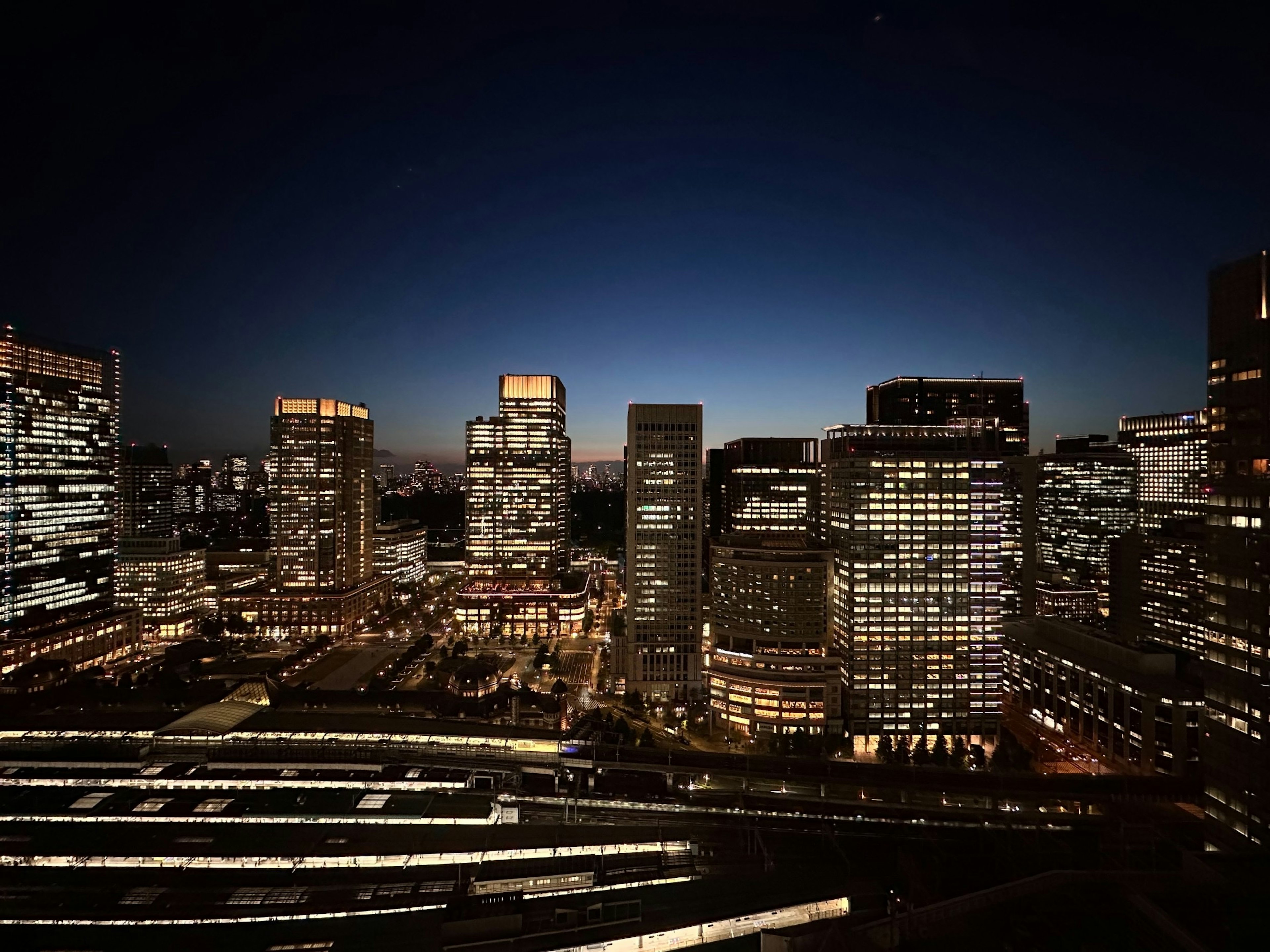 Beautiful night view of city skyline with skyscrapers