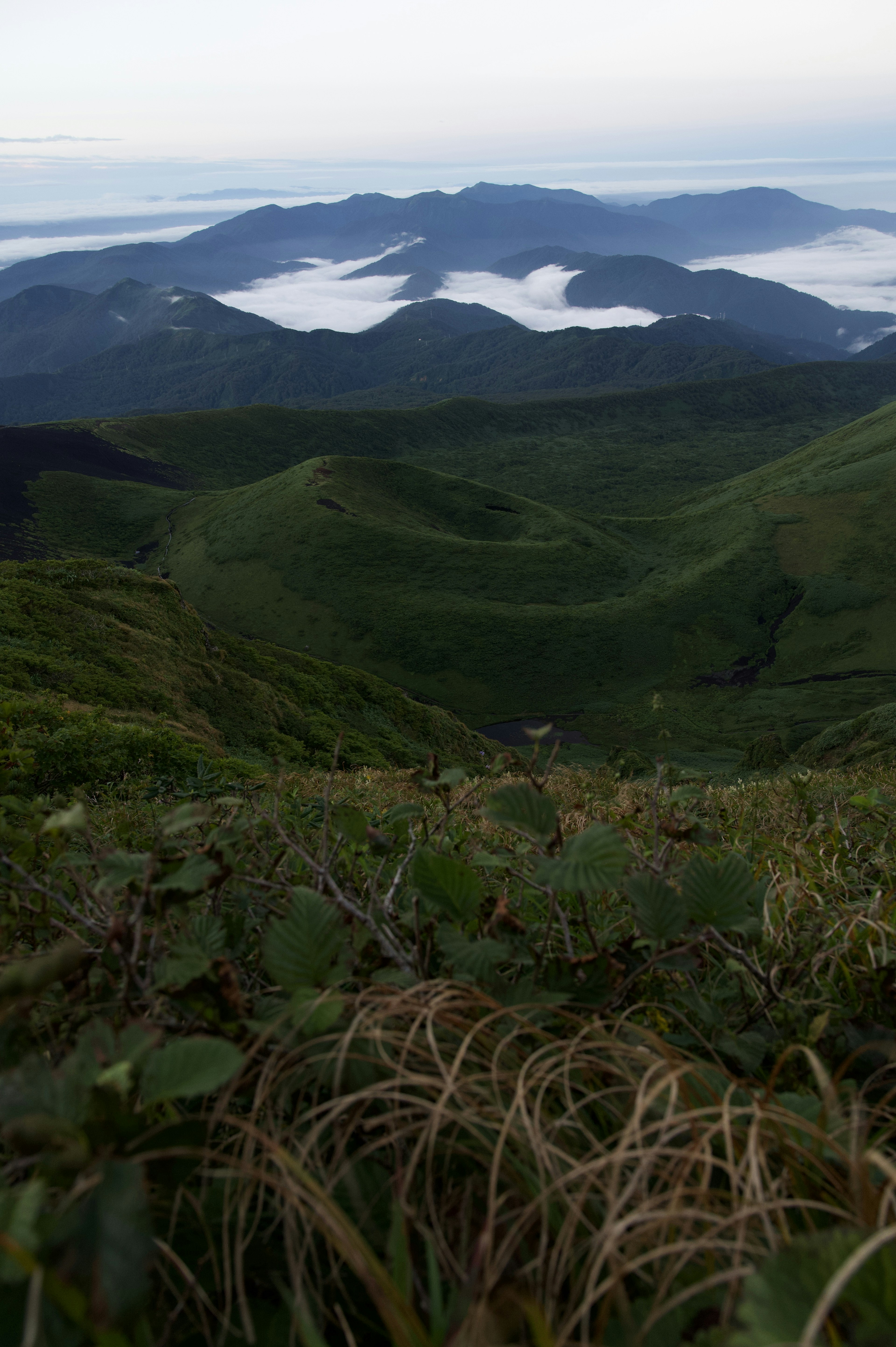 Grüne Berge mit einer Wolkenmeer im Hintergrund