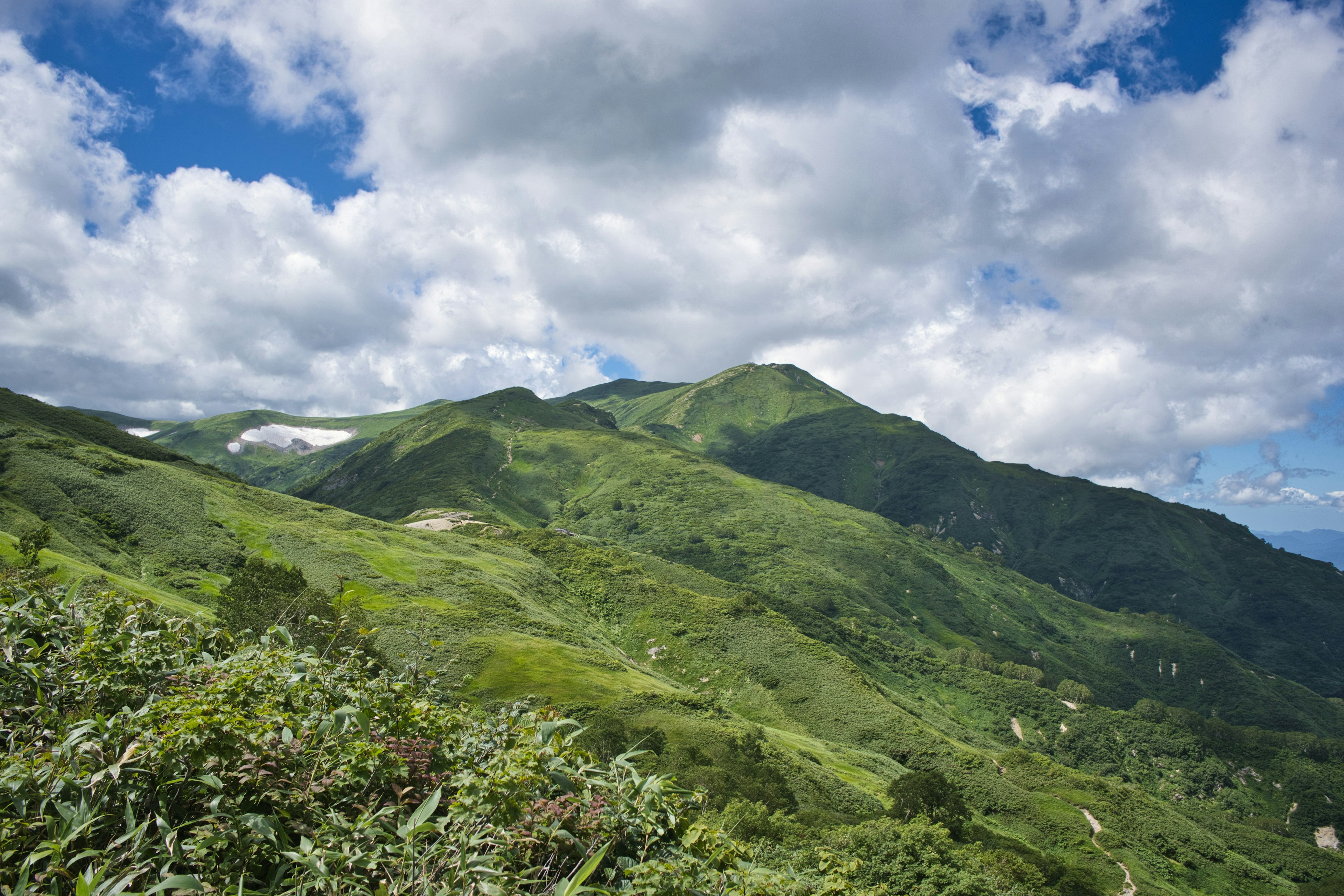 Üppige grüne Berge unter einem strahlend blauen Himmel