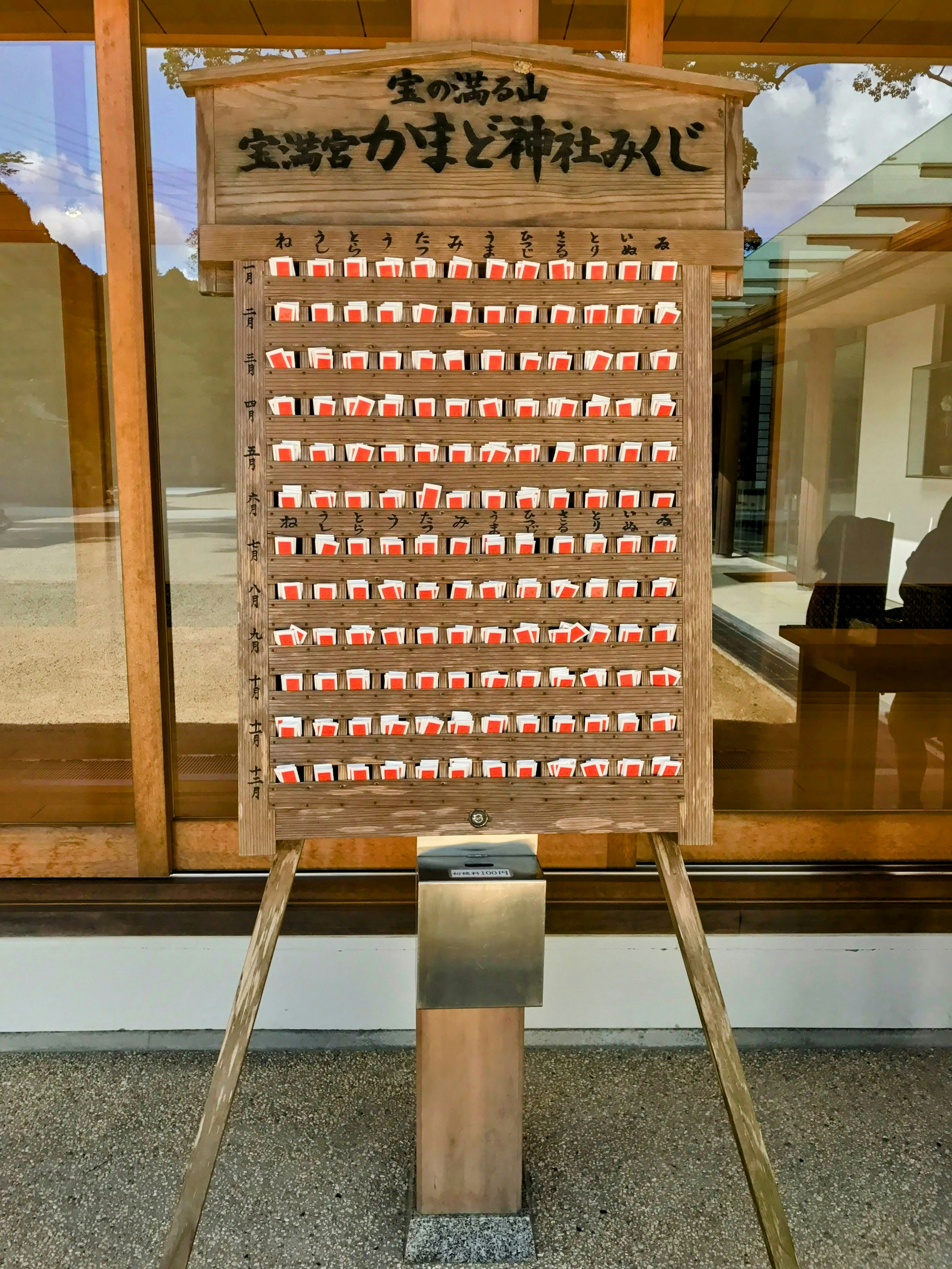 Tableau de fortunes dans un sanctuaire avec des rangées de fortunes rouges