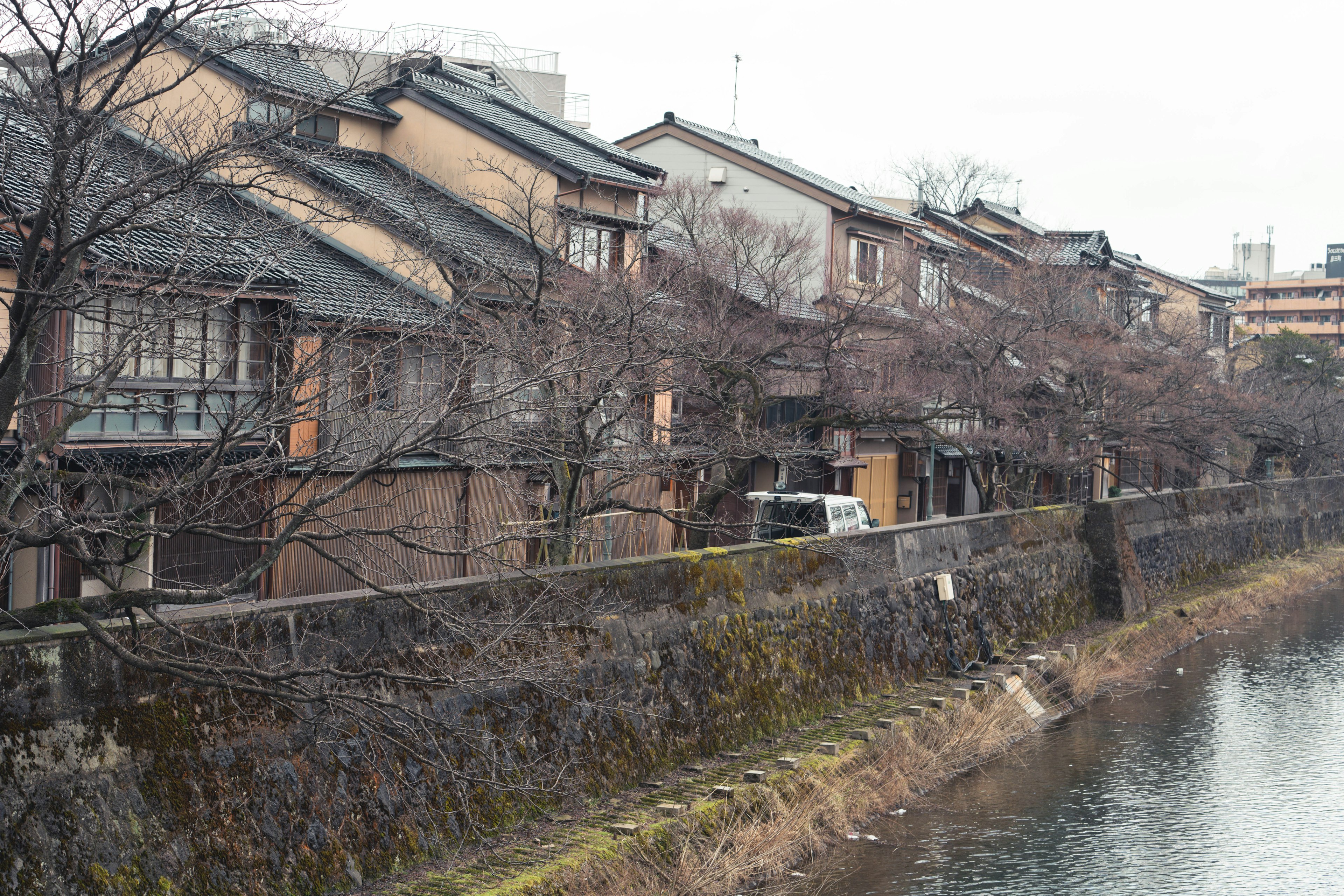 Old Japanese houses along a quiet riverside with bare trees in winter