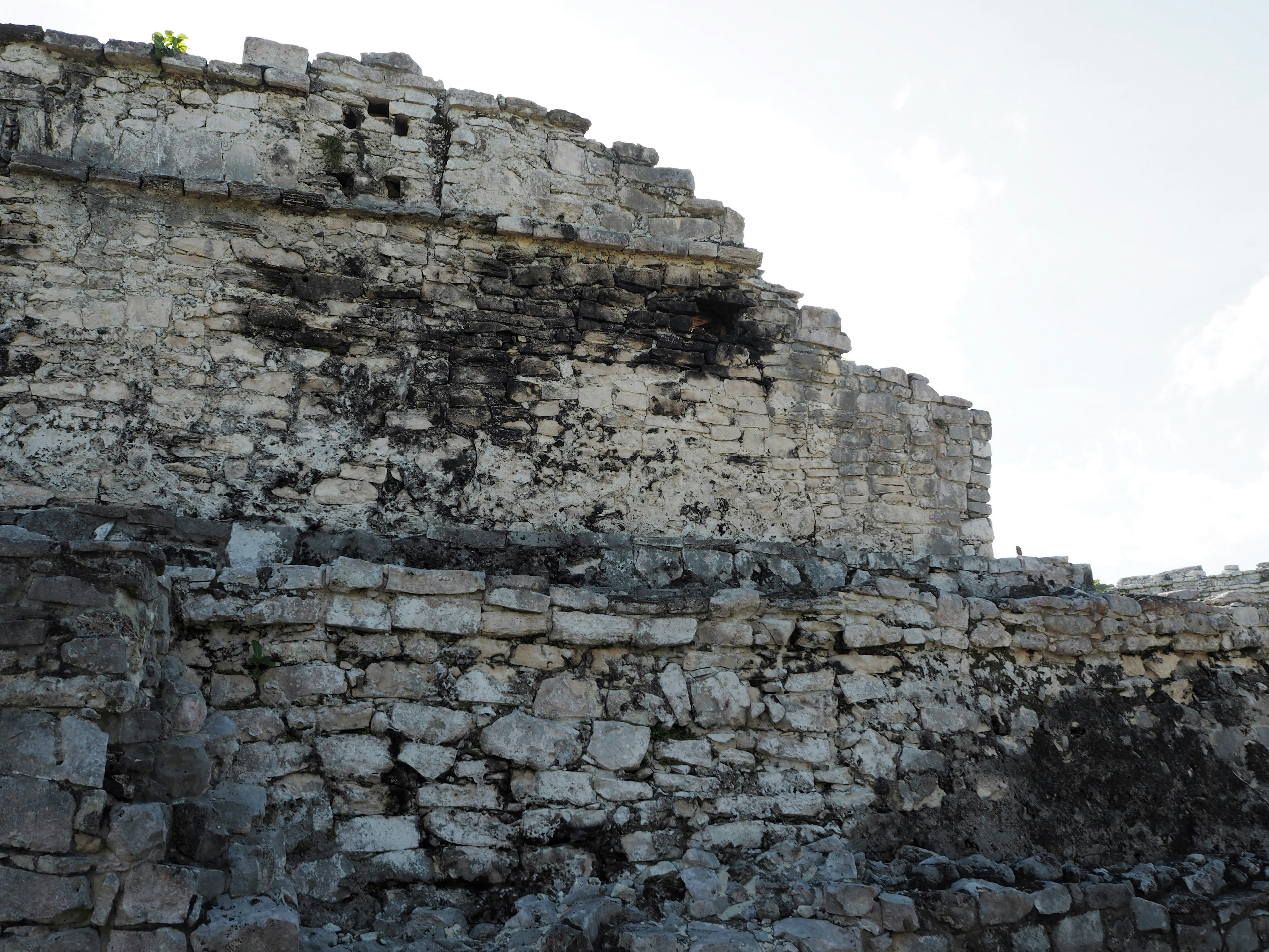 Image de ruines anciennes montrant des murs en pierre usés sous un ciel bleu