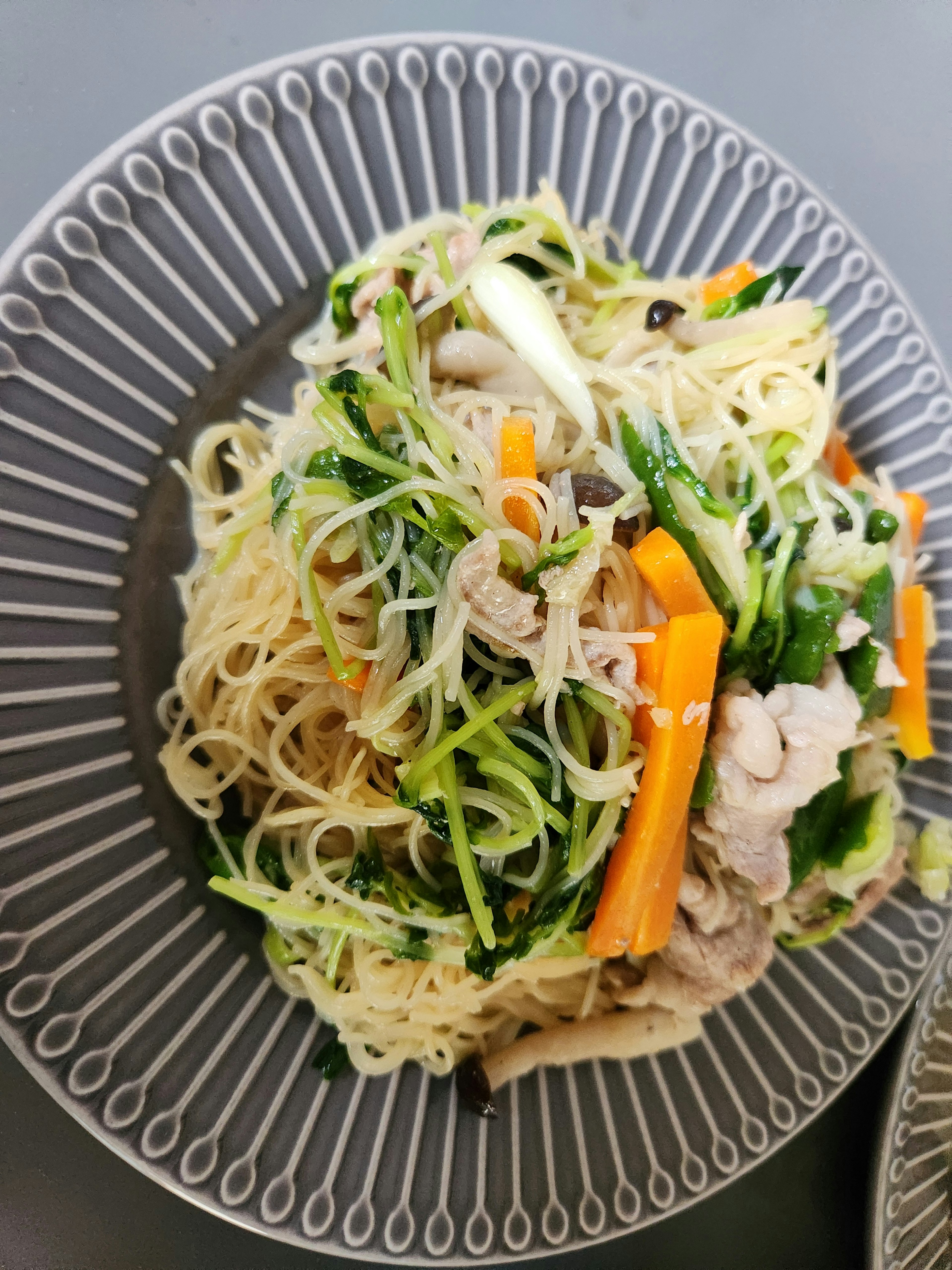 Plate of stir-fried noodles with vegetables and pork