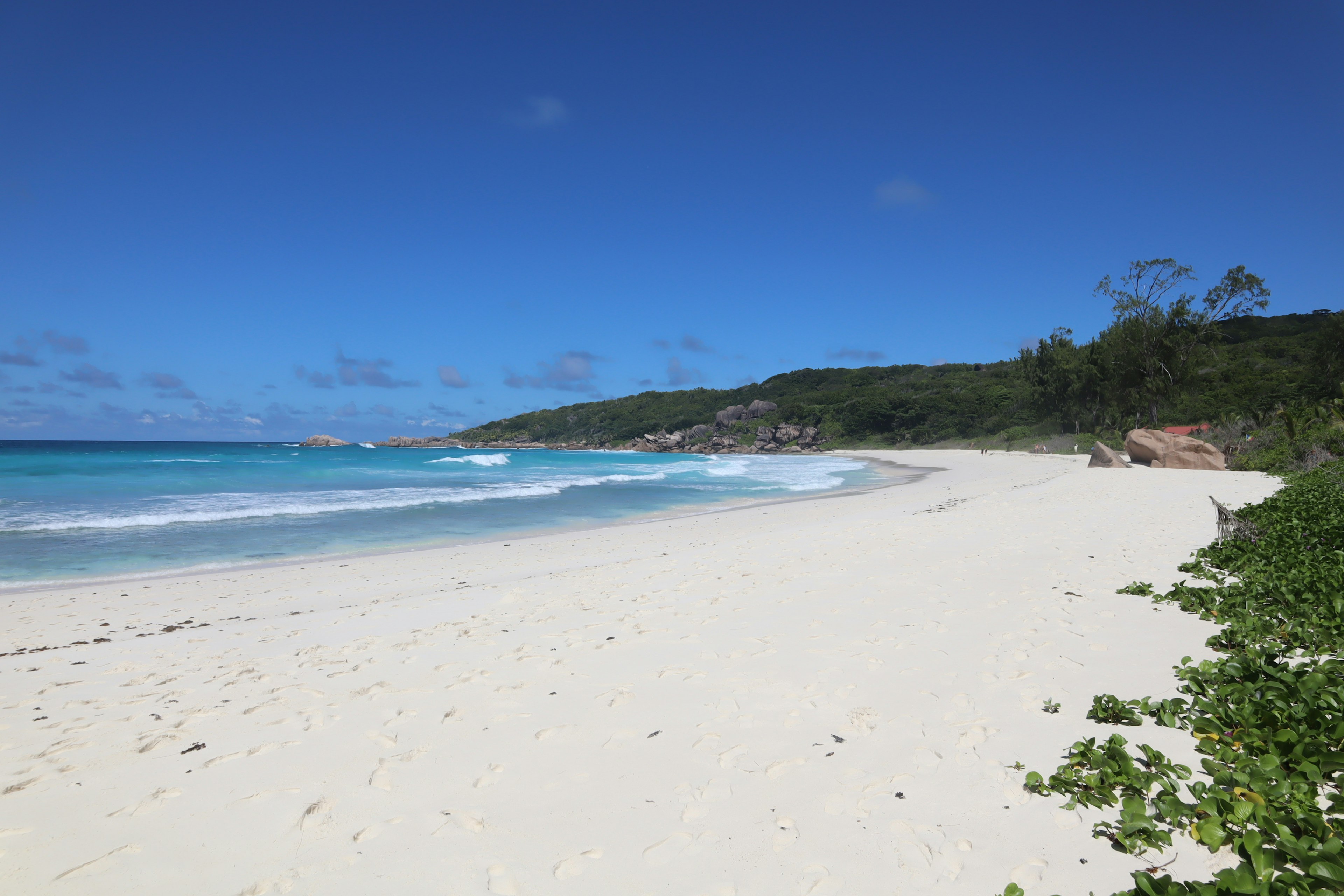 A scenic beach with white sand and clear blue water