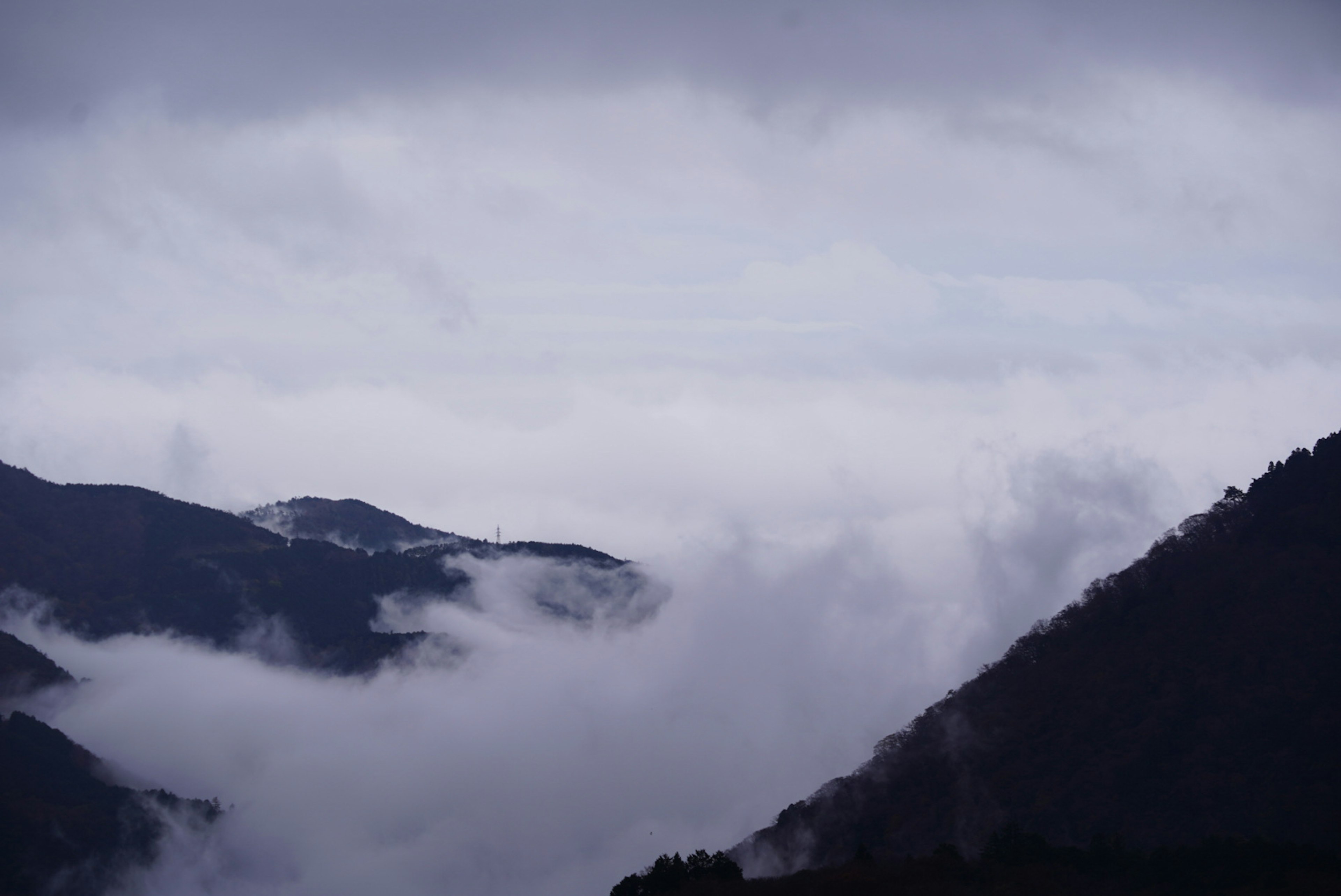 霧に包まれた山々と曇り空の風景