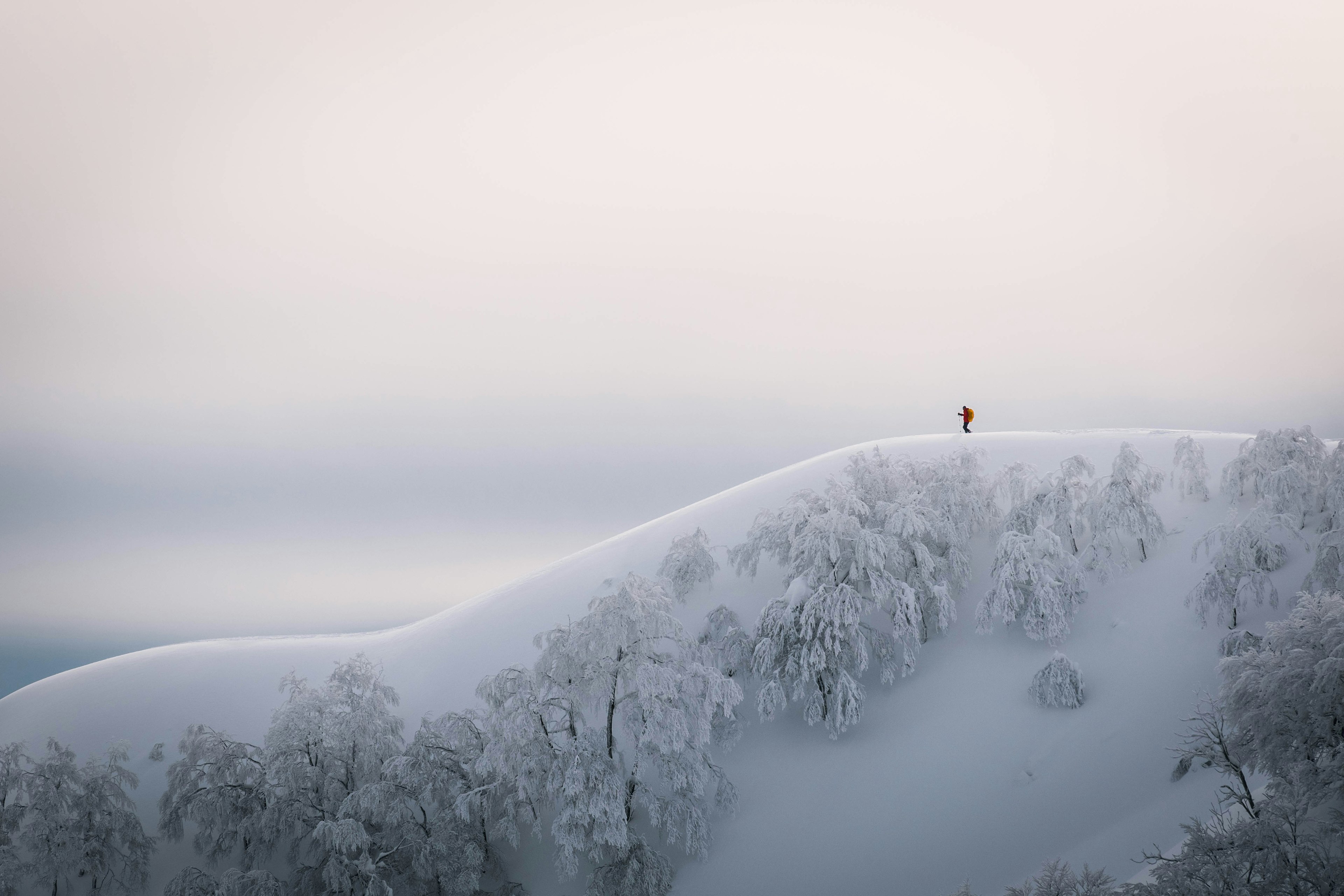 Un escursionista solitario in piedi su una collina coperta di neve