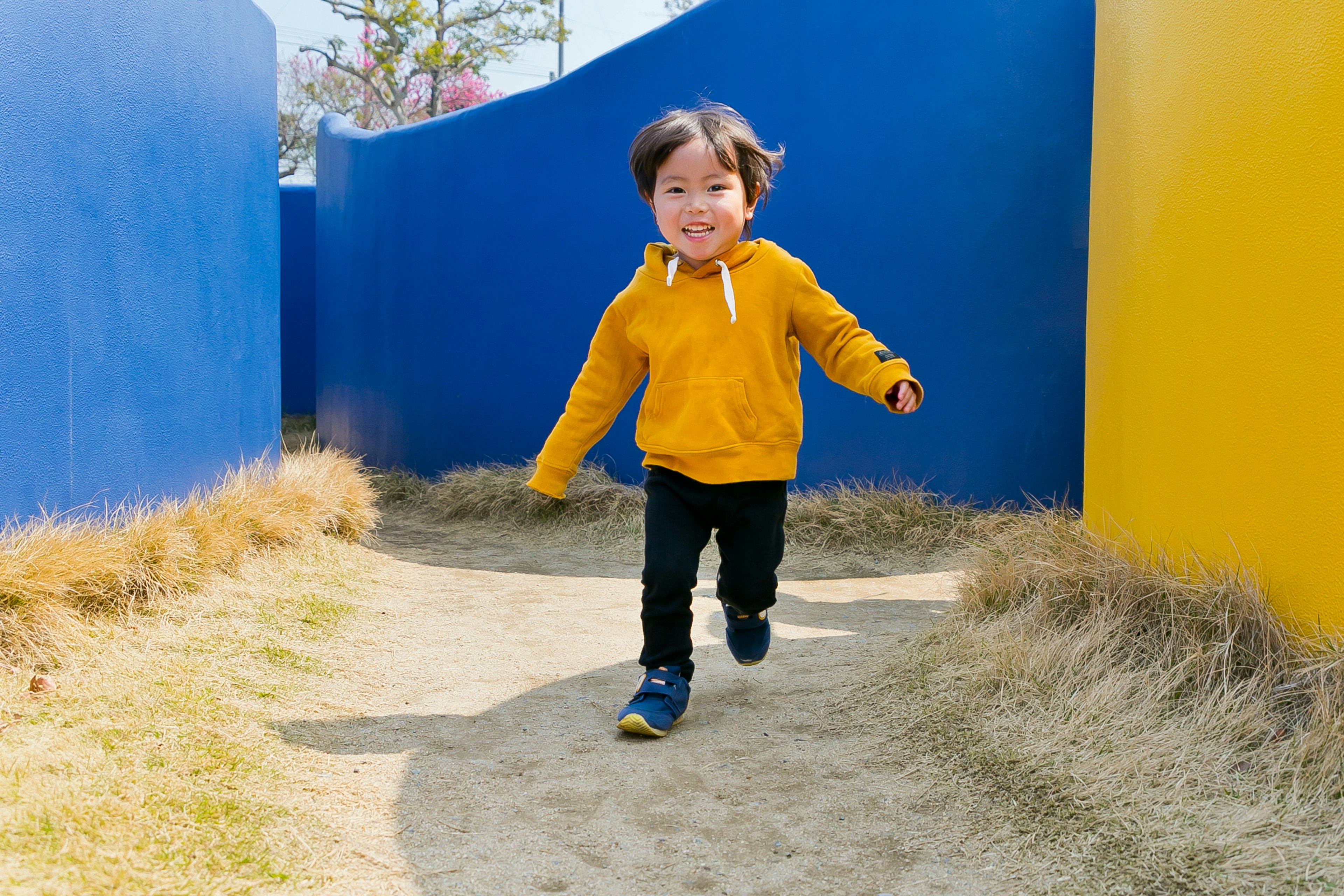 青と黄色の壁に囲まれた小道を走る子供