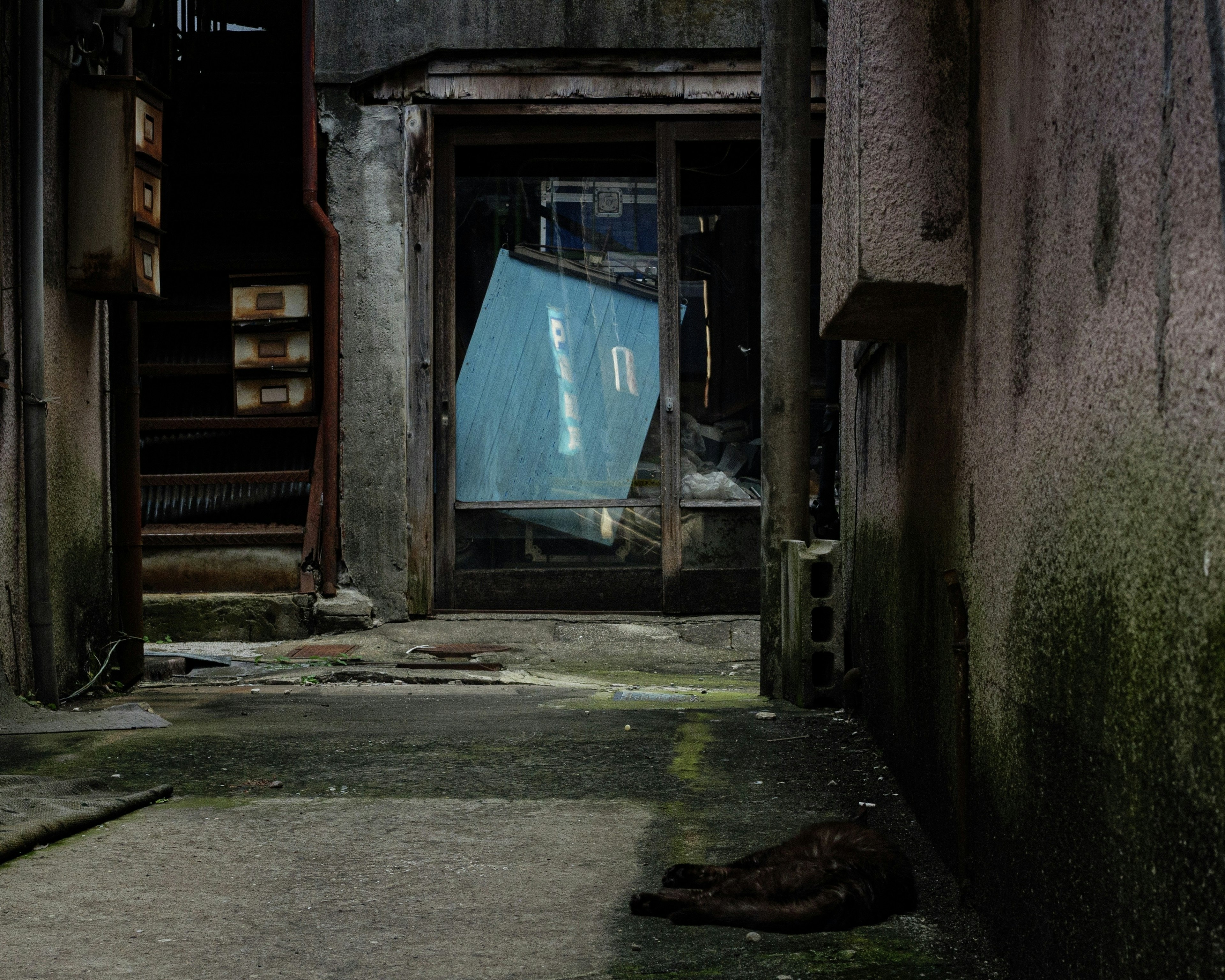 Entrada de una casa abandonada con un letrero azul en un callejón desolado