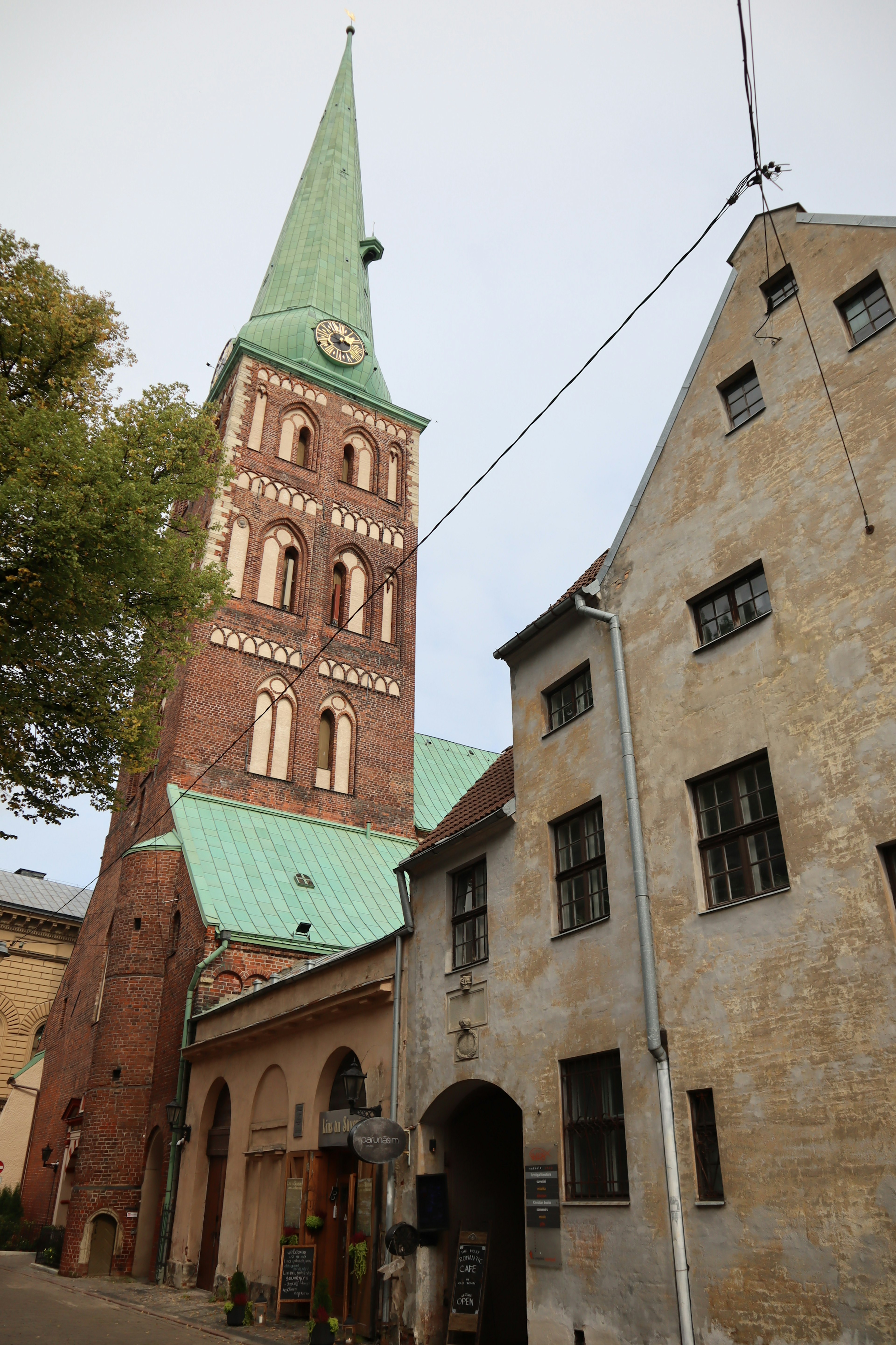 Historic buildings with a green spire church view