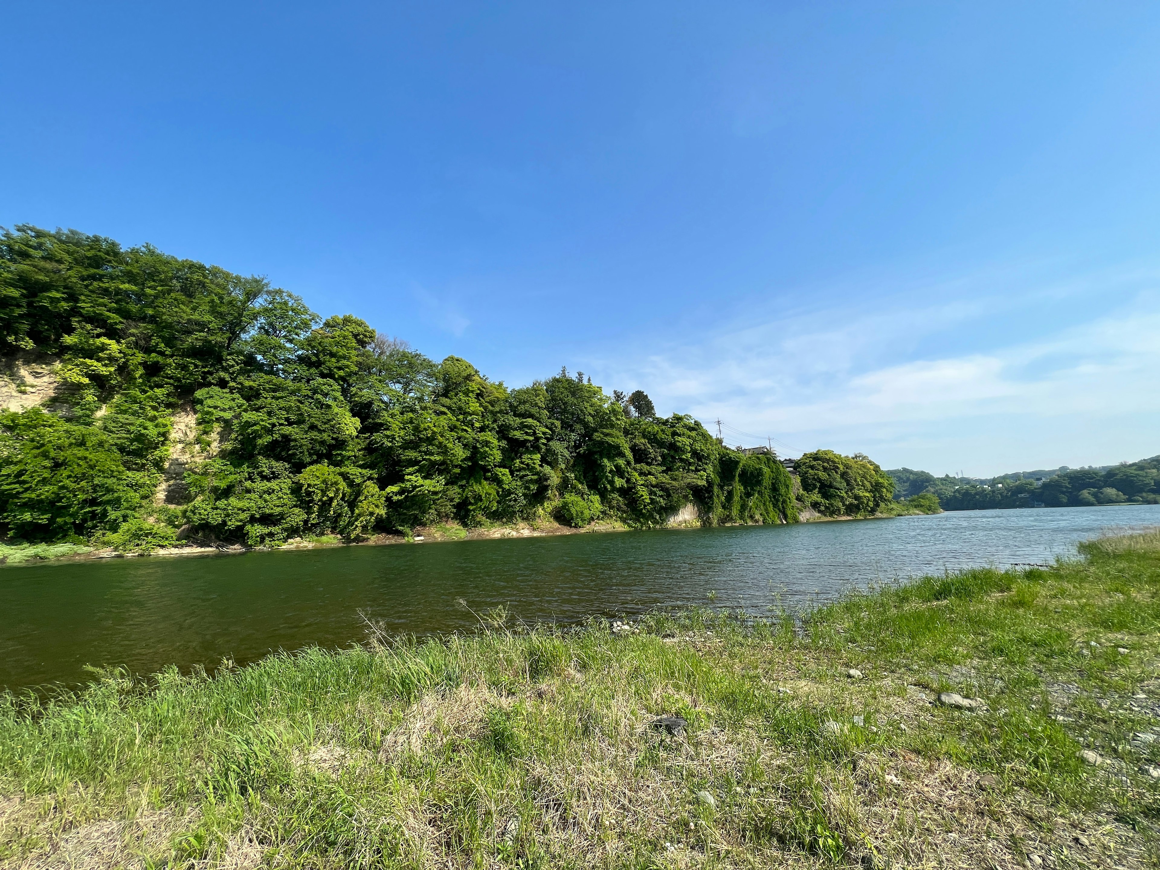 Malersicher Flussblick mit üppigem Grün und blauem Himmel