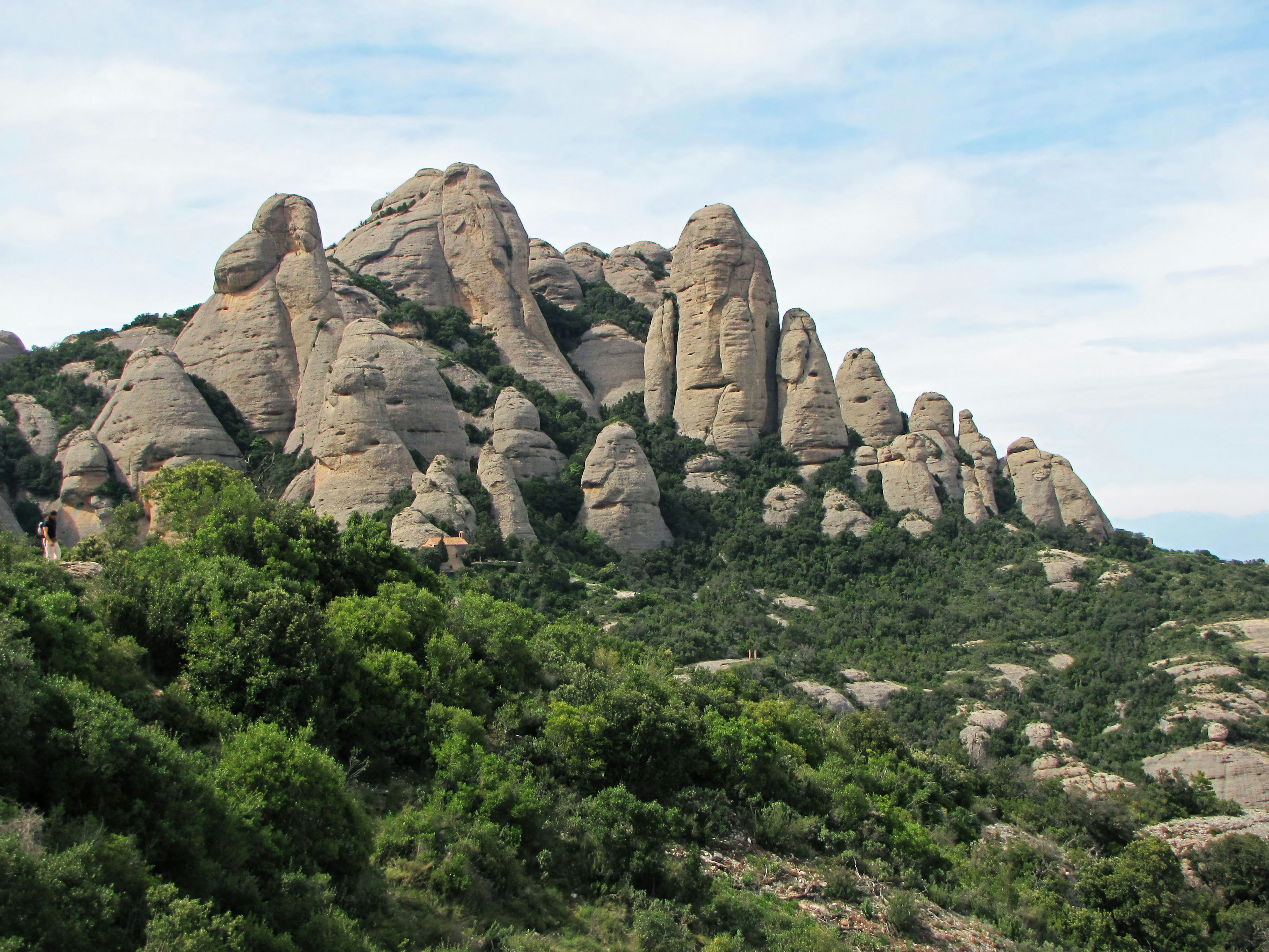 Unique rock formations rising above green vegetation in a mountainous area